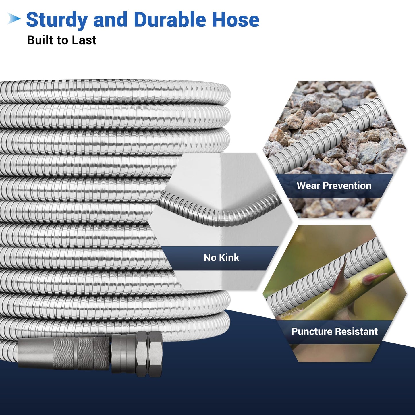 50 FT Stainless Steel Garden Hose – 304 Steel Heavy Duty Metal Hose, No-Kink, Puncture Resistant, Lightweight, Leak-Proof Swivel Fittings, 8-Pattern Nozzle for Garden, Yard, Outdoor Cleaning