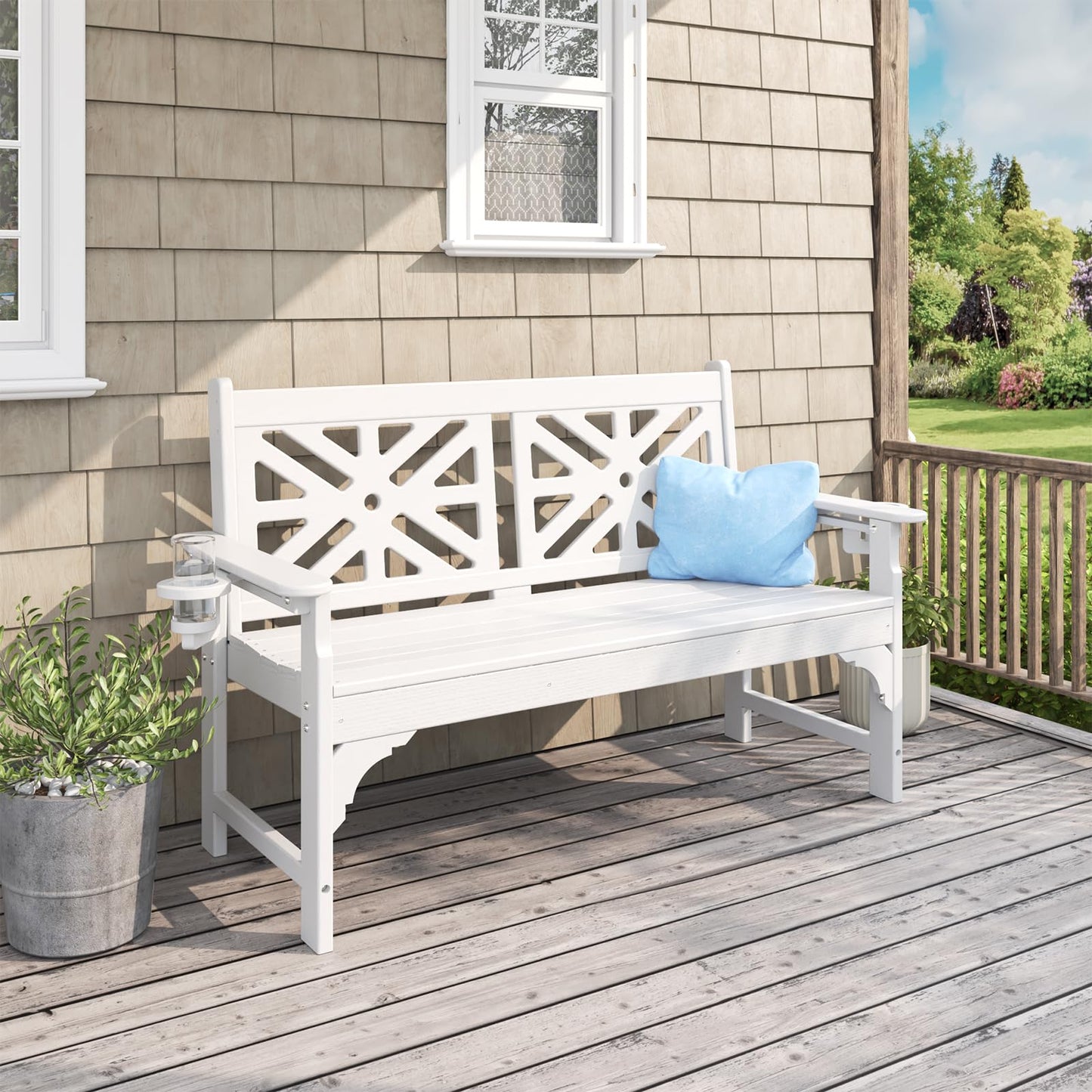 LOENIY Oversized Outdoor Bench with Cup Holders, 51.5” HDPE Aesthetic Garden Bench for 2 Person, Memorial Benches - Easy Assembly & All Weather, for Porch & Patio, 800lbs Load Capacity (White, 1pc)