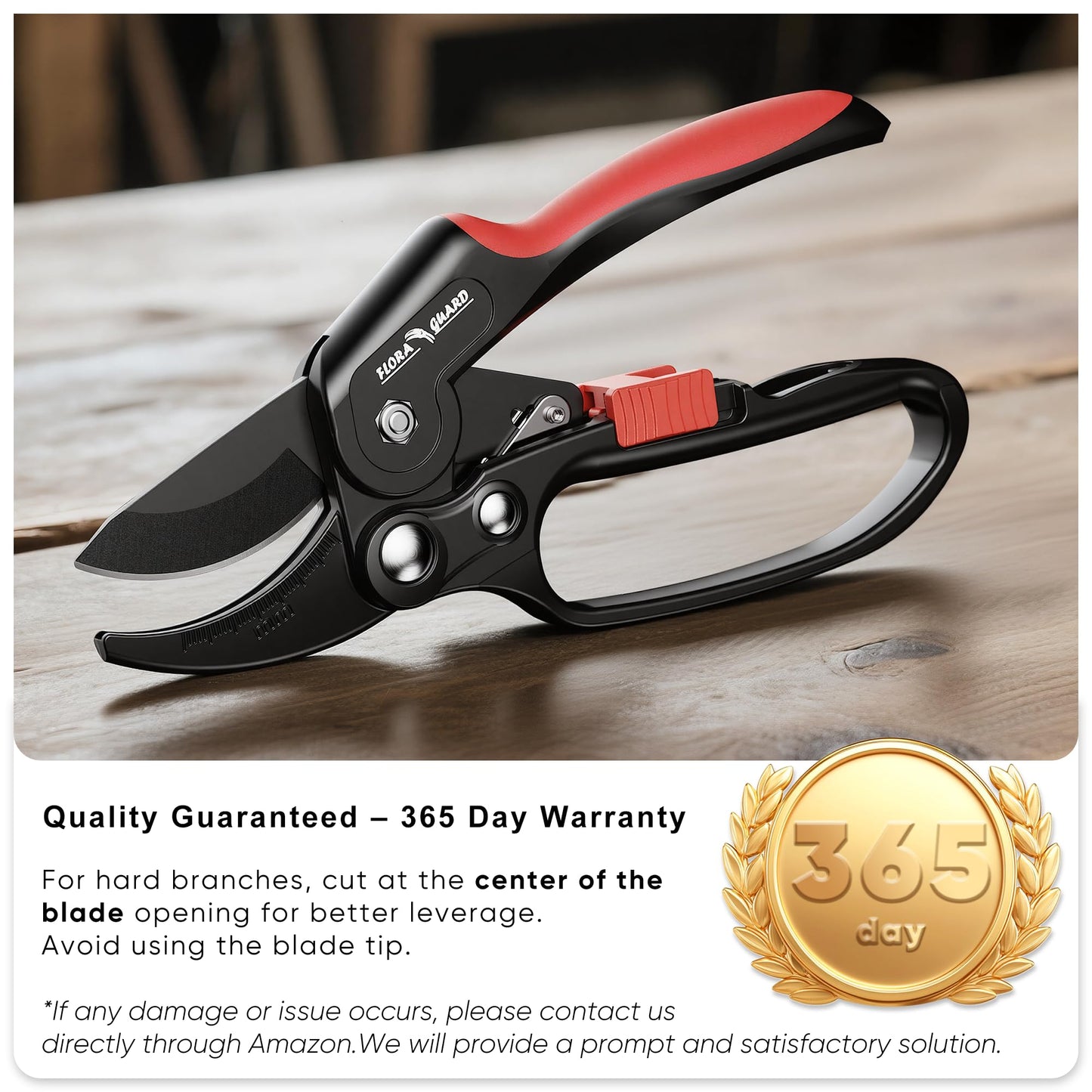 FLORA GUARD Ratchet Pruning Shears for Easy Cutting, Heavy Duty Garden Clippers for Thick Branches, 3-Step Ratcheting Hand Pruners for Weak Hands, Seniors & Gardening