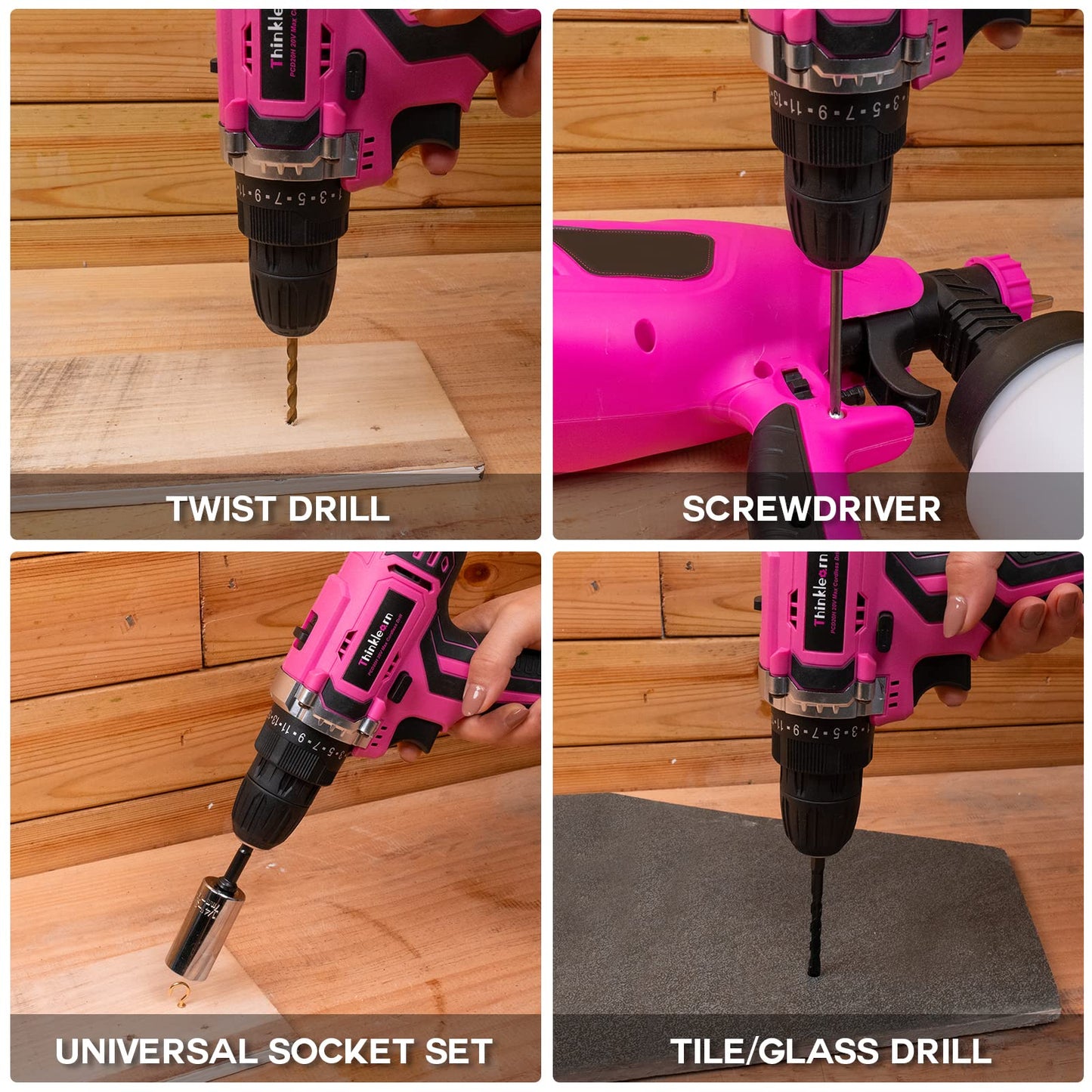 Pink Cordless Drill Set, 20V Lithium-ion Power Drill Set for Women with 67Pcs Driver Bits, 3/8"Keyless Chuck, 25+1 Position, 2.0Ah Battery, Charger and Storage Bag Included