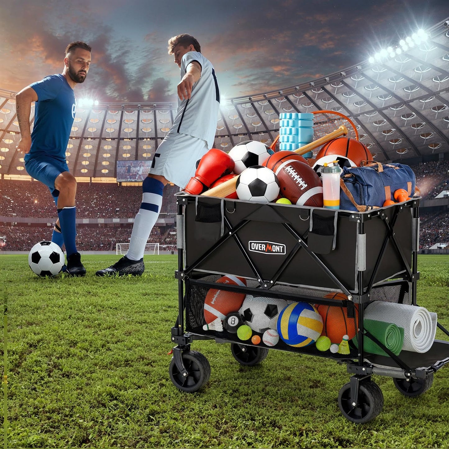 Overmont 400L Foldable Double Decker Wagon - Large Capacity Collapsible Wagon Cart- 47" Extra Long Extender - All-Terrain Big Wheels for Camping, Football Game, Sports Events, Support Up to 450lbs