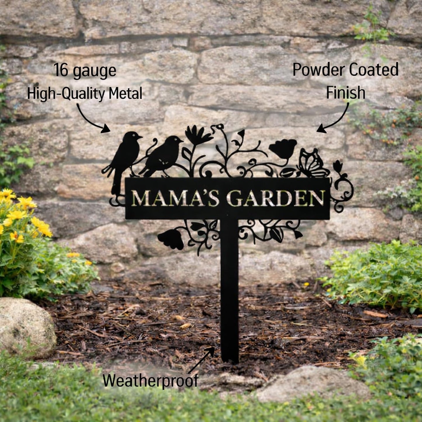 Custom Metal Garden Sign with Flowers, Personalized Garden Metal Stake with Birds, Flower Garden Name Decor, Custom sign for Outside, Customized Gardening Decoration, Yard Art, Gift for Mom, Grandmom