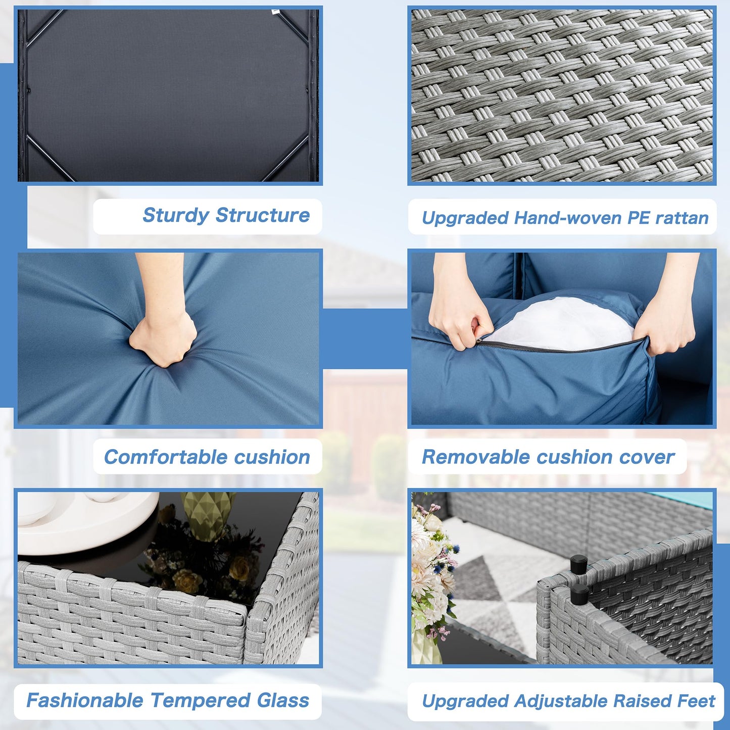 Shintenchi 7 Pieces Outdoor Patio Furniture Sets, Patio Sectional Sofa Couch, Silver Gray PE Wicker Furniture Modular Patio Conversation Sets Patio Sofa with Washable Cushions (Aegean Blue)