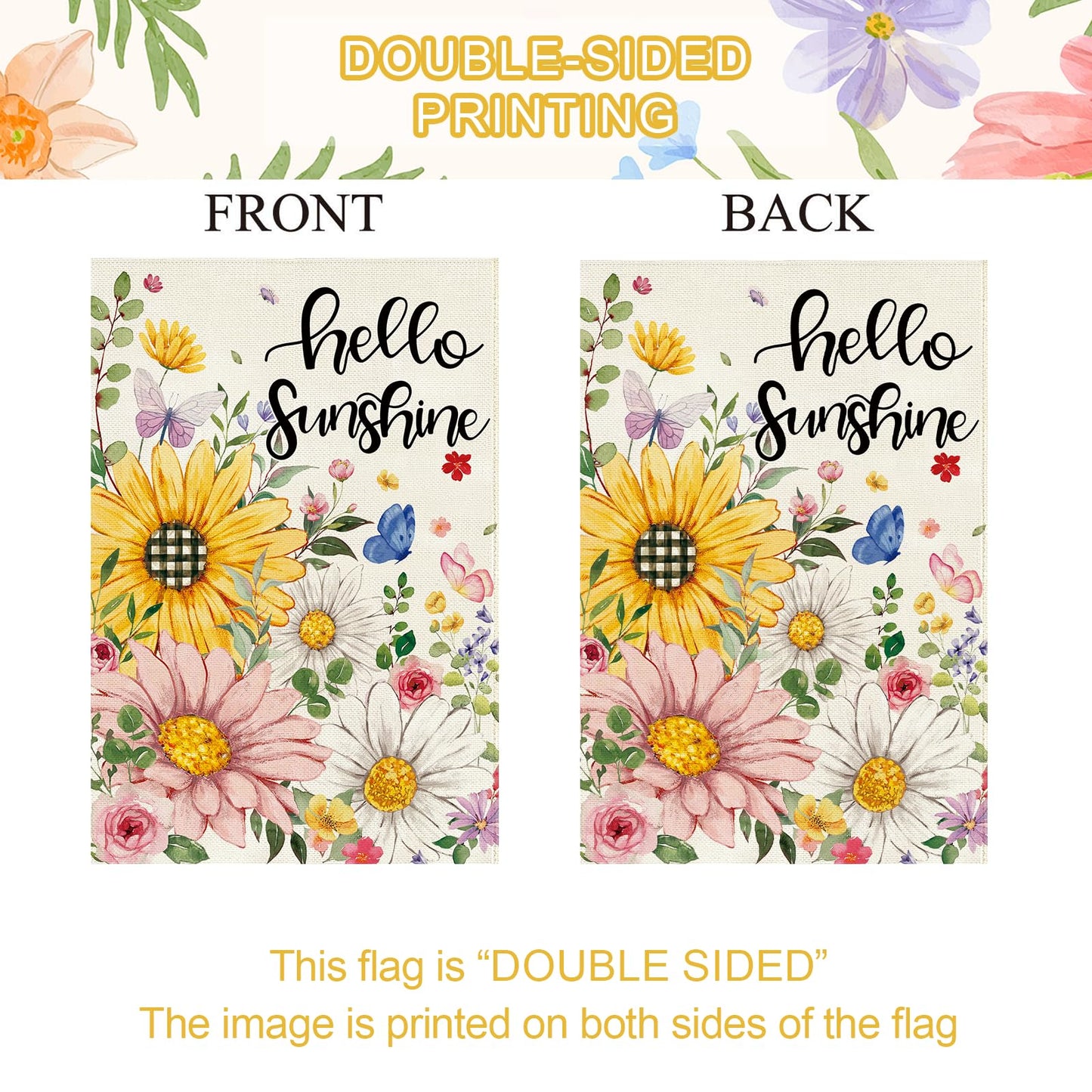 Baccessor Spring Summer Garden Flag Double Sided 12.5 x 18 Inch Burlap with Clip and Stopper,Hello Sunshine Sunflowers Daisy Flag Seasonal Farmhouse Yard Lawn Outside Outdoor Decoration