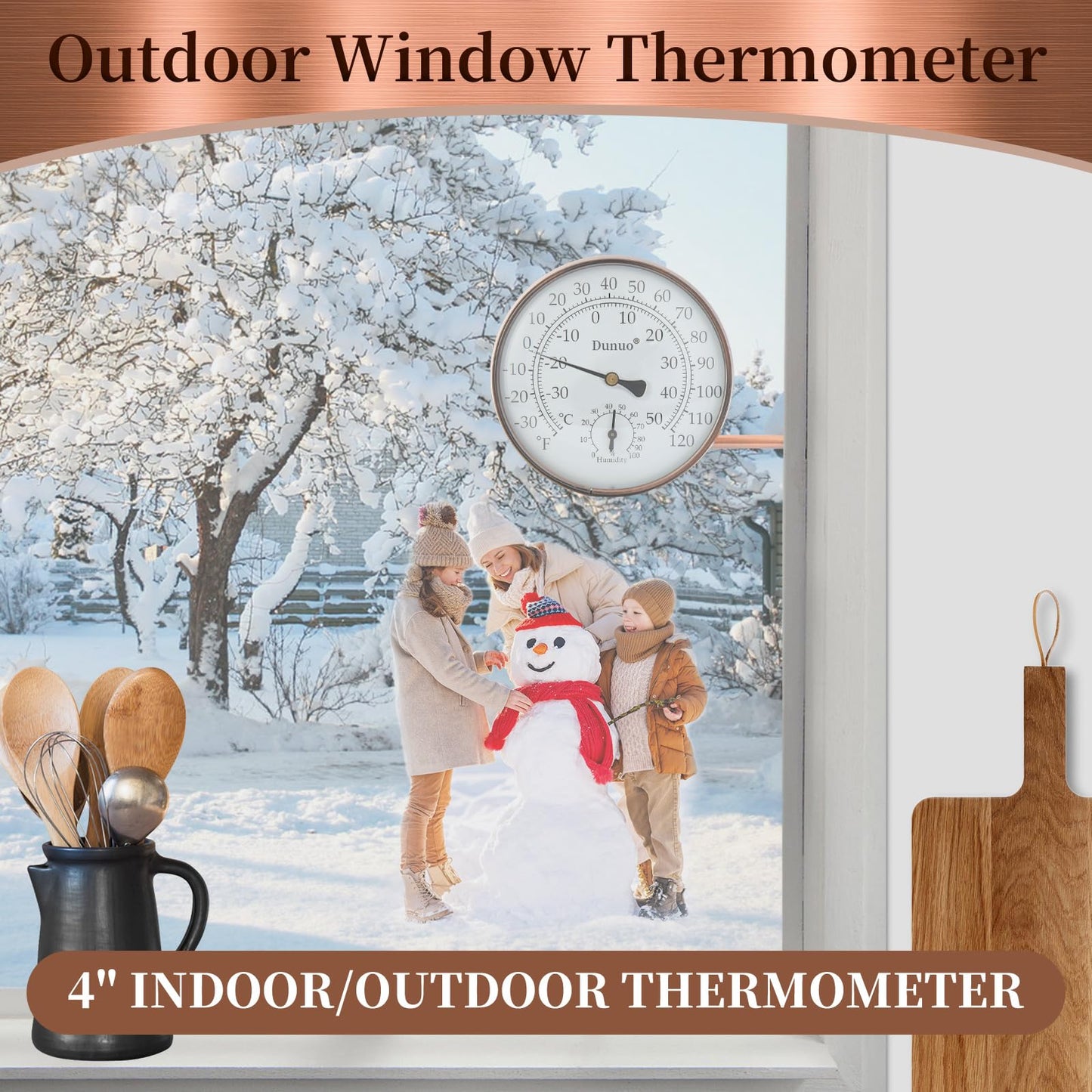 Dunuo 4" Brass Outdoor Thermometer with Humidity, Analog Wall Mount Temperature Gauge, Decorative for Patio, Garage, House, Greenhouse, Window, Antique Bronze, No Battery