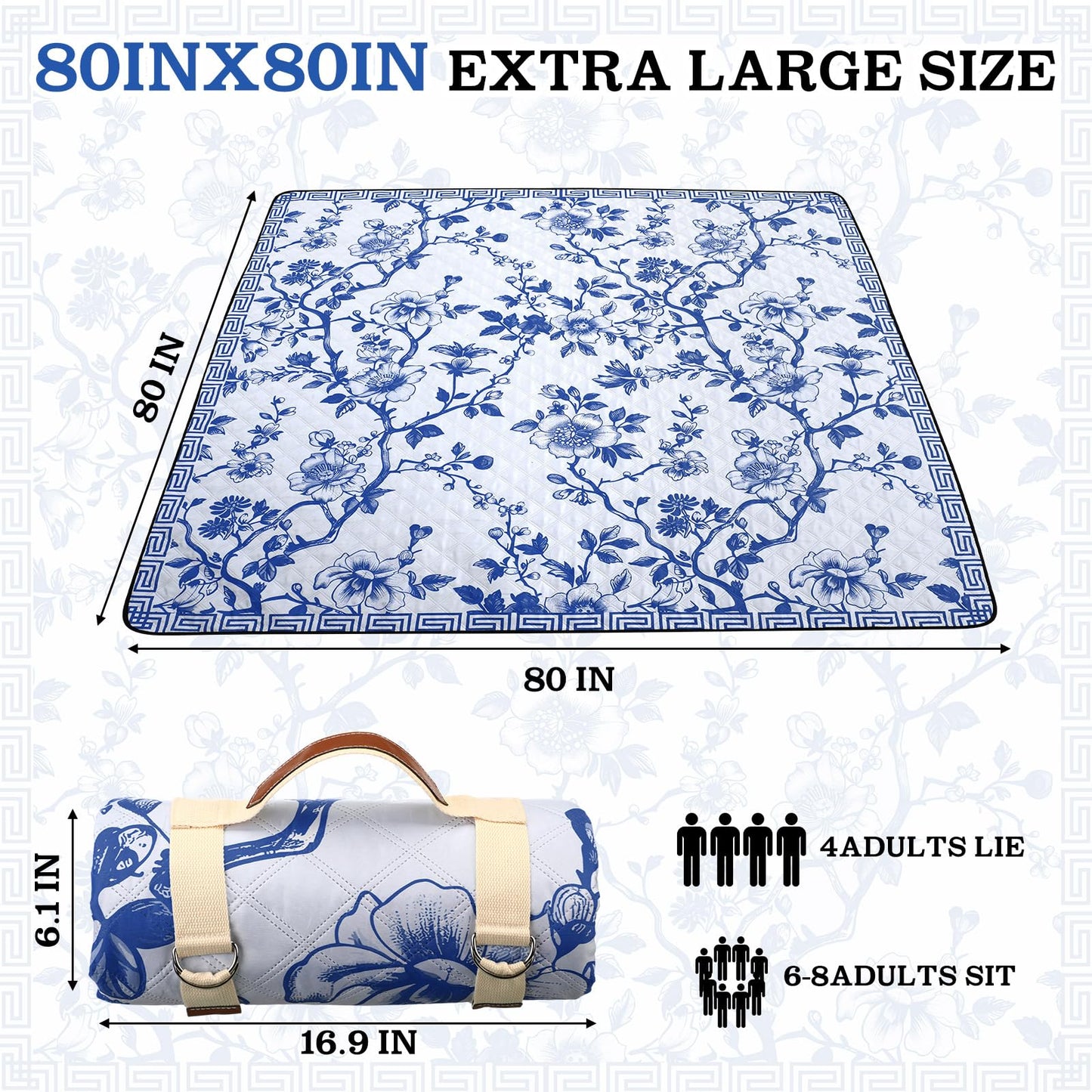 Newwiee 80 x 80 Inch Blue and White Floral Picnic Blanket Extra Large Outdoor Chinoiserie Picnic Mat with Carry Strap Waterproof Sandproof Blanket Foldable Portable for Beach Camping Grass Lawn Park