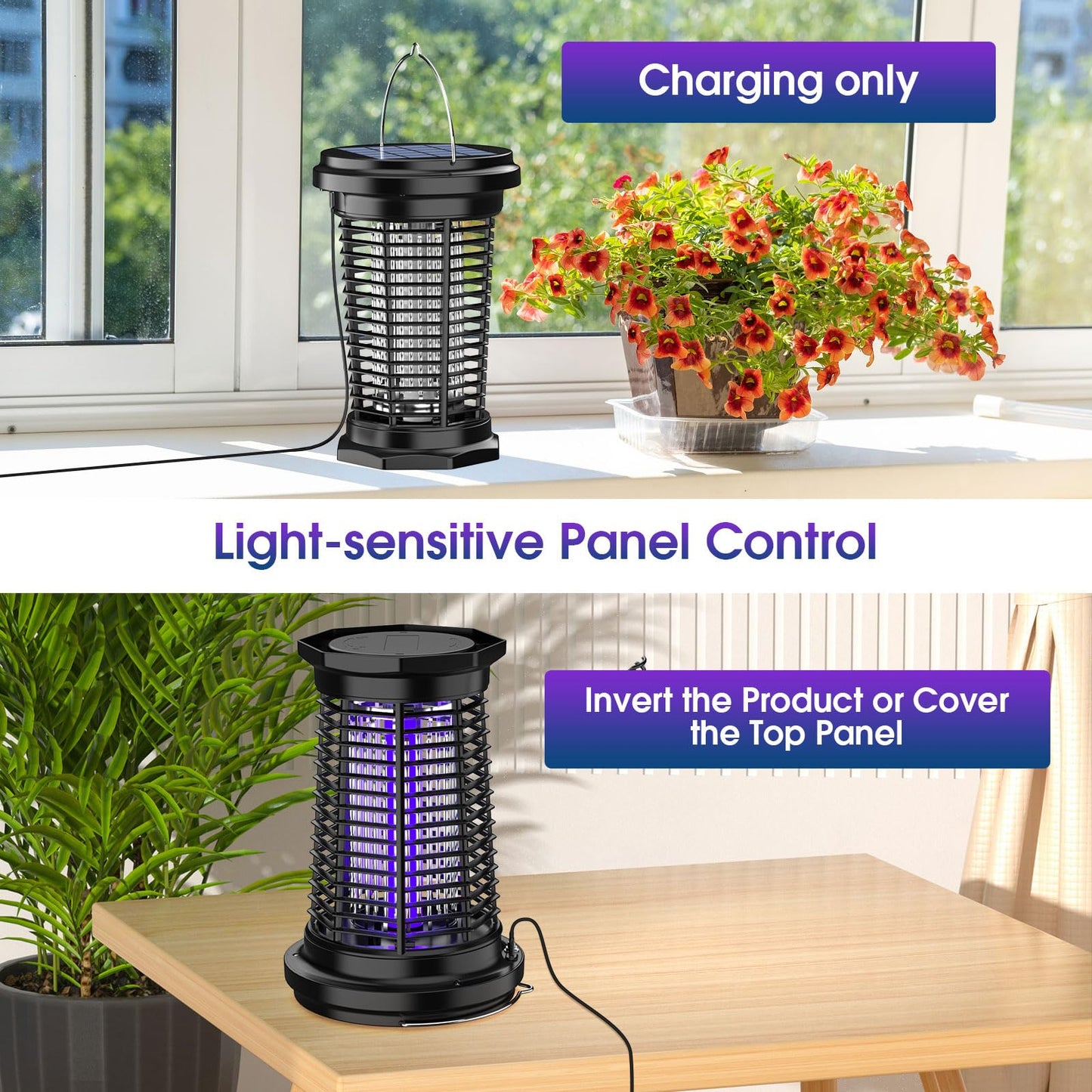 Solar Bug Zapper Outdoor & Indoor with 1.5W+4.5W Dual Solar Panel 2026, USB Rechargeable Electric Mosquito Zapper for Flies Gnats Moths, Fly Trap for Home, Patio, Backyard, Camping, Garden