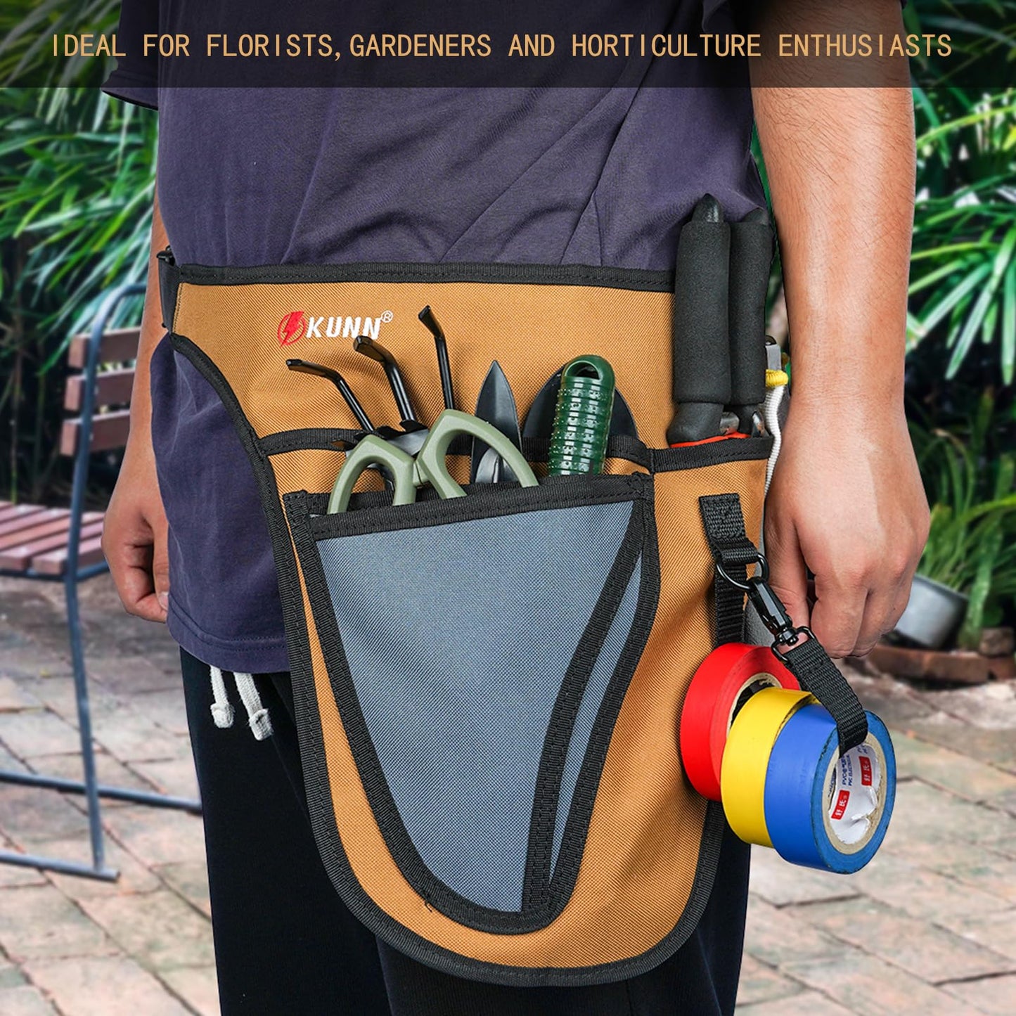 KUNN Garden Tool Waist Belt - 4 Deep Pockets Tool Apron for Women Men,Utility Pouch for Gardening,Electrican,Florists,Plumbing