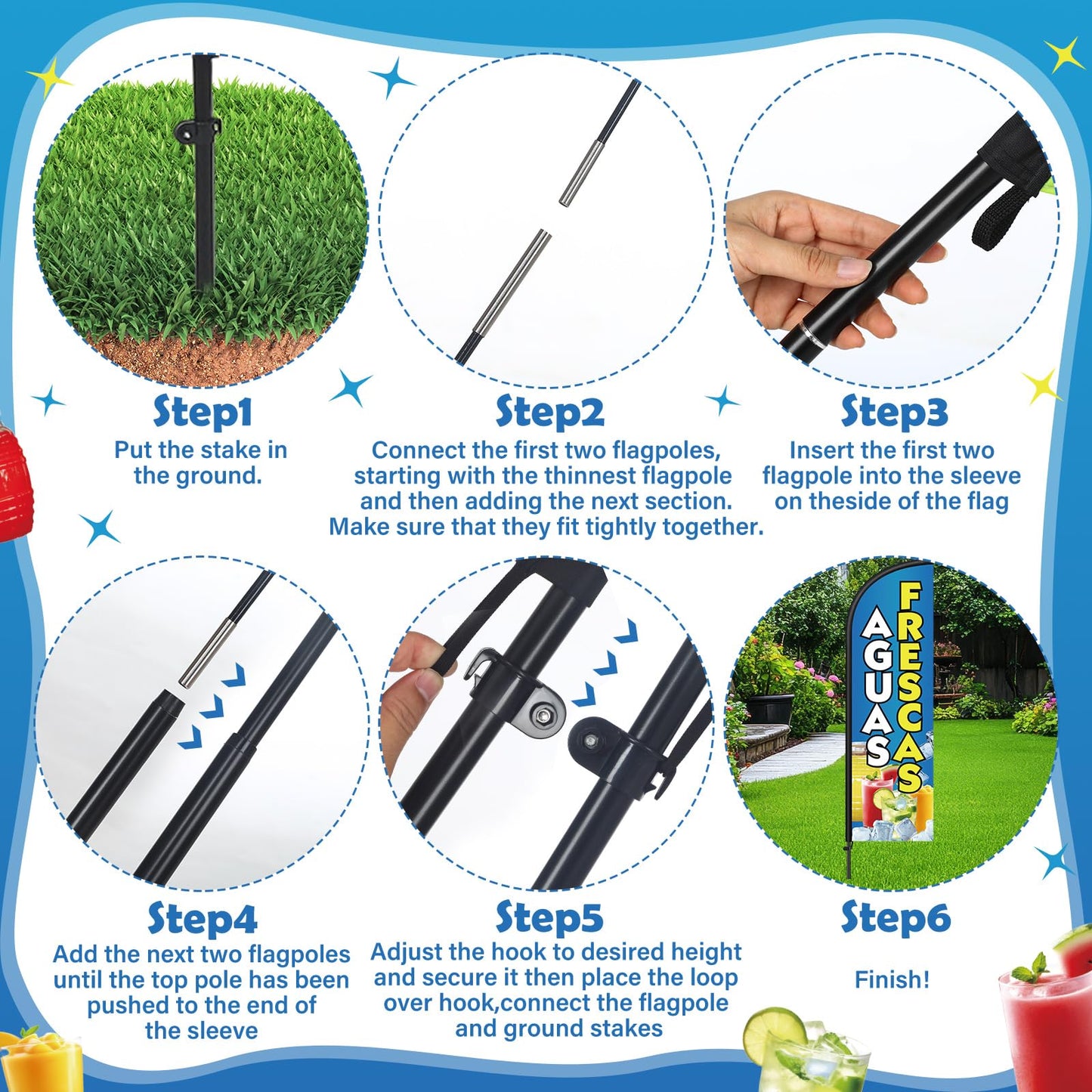 Hahafelt 5 Pcs Aguas Frescas Stand Decor Kit Swooper Feather Flag with Pole Yard Sign and Banner for Outside Advertising Business Lawn Outdoor Decorations
