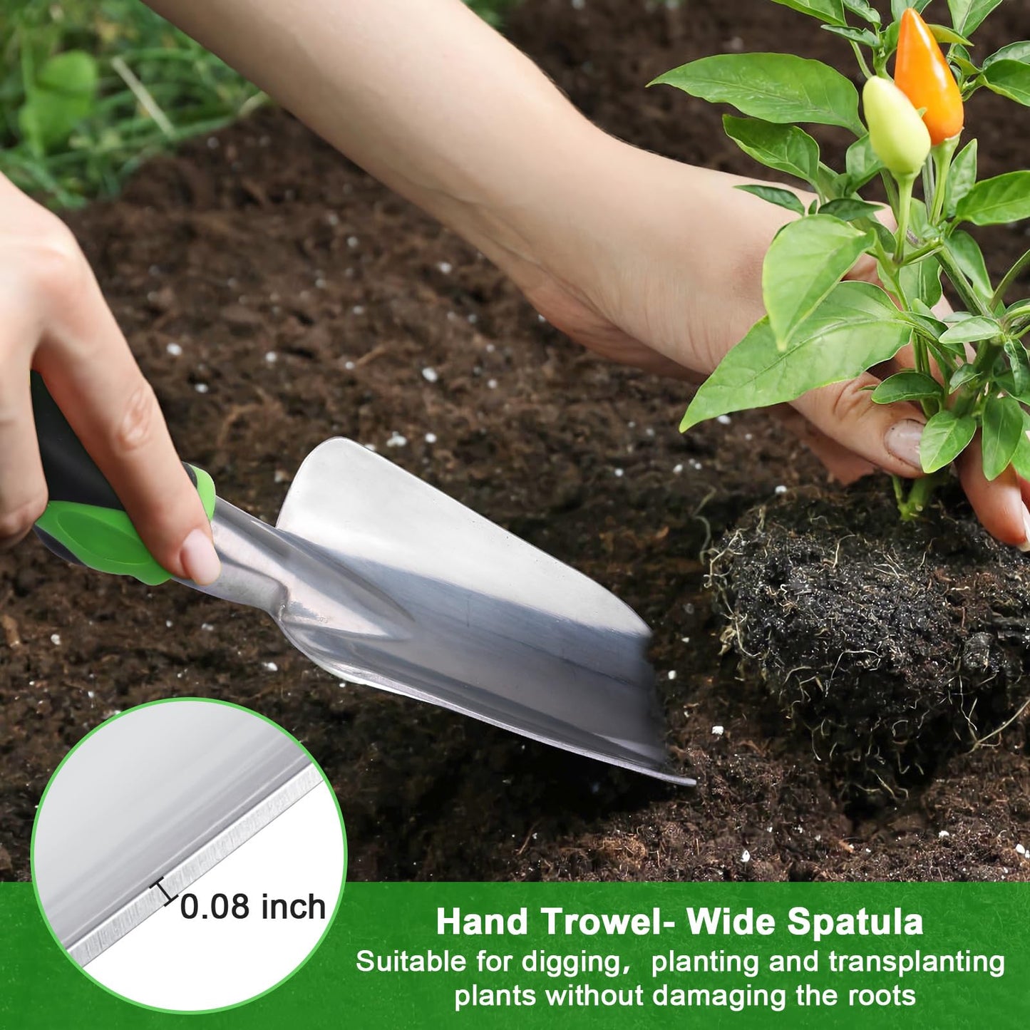 Garden Tools Set, 3 Pack Heavy Duty Gardening Tools Set Include Garden Shovel, Transplant Trowel and Hand Rake with Ergonomic Non-Slip Handle, Aluminum Alloy Lawn and Garden Hand Tools for Planting