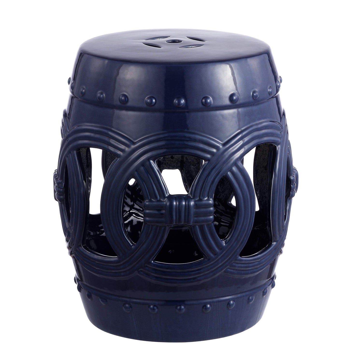 JONATHAN Y TBL1022B Lucky Coins 16" Chinese Ceramic Drum Indoor/Outdoor Garden Stool Bohemian, Coastal, Classic, Cottage, French Country, Traditional, Side Table, Plant Stand, Spill-Proof, Navy