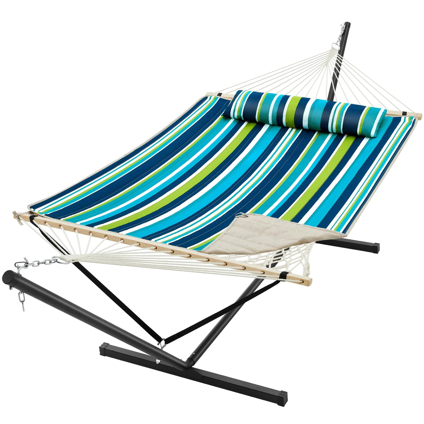 SUPERJARE 12ft Double Hammock with Stand, Rope Hammock for 2 Person, Detachable Hammock Bed and Pillow, Portable, Anti-Tip Safety Ropes, Carry Bag, Outdoor Backyard Patio Camping, Dark Cyan