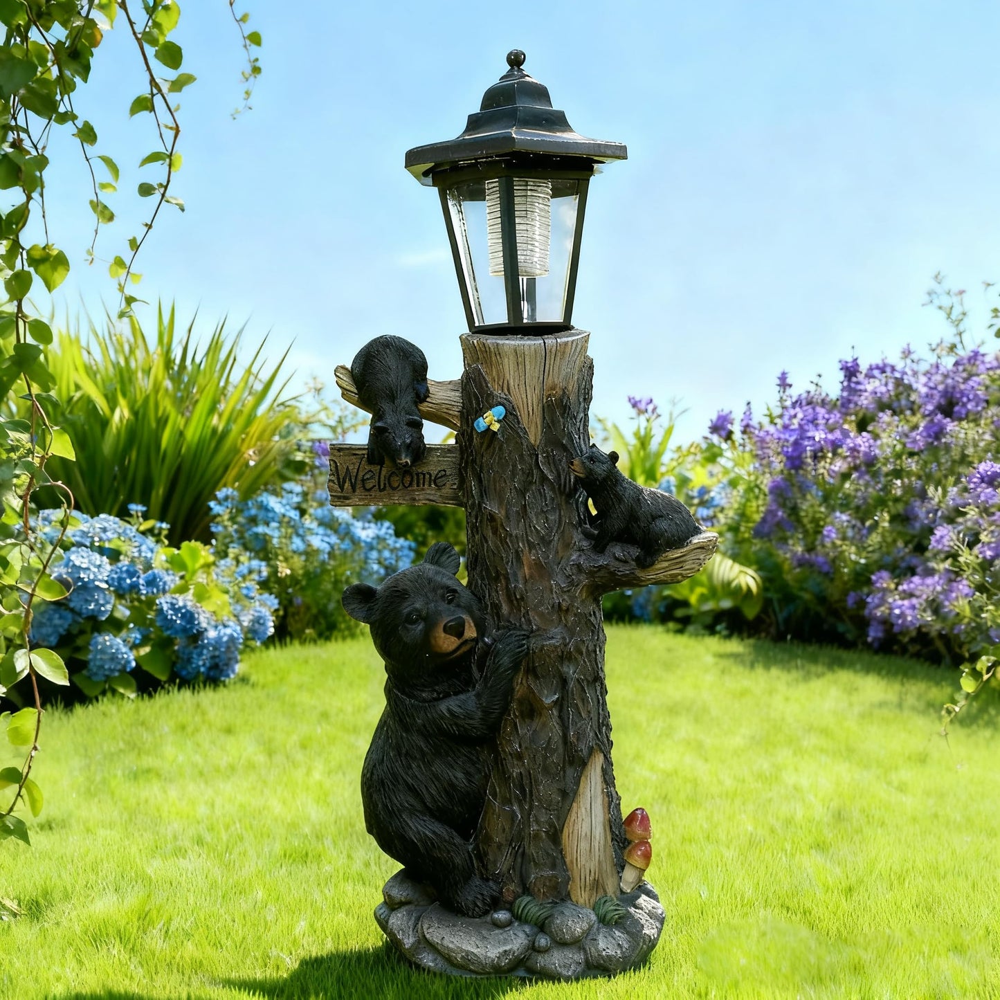 Oritty Bear Statue Welcome Sign Garden Statue with Solar Lights, 19 Inches Resin Bear Family on The Tree, Outdoor Bear Décor for Yard, Garden, Lawn, Patio, Black, Spring Decorations for Home
