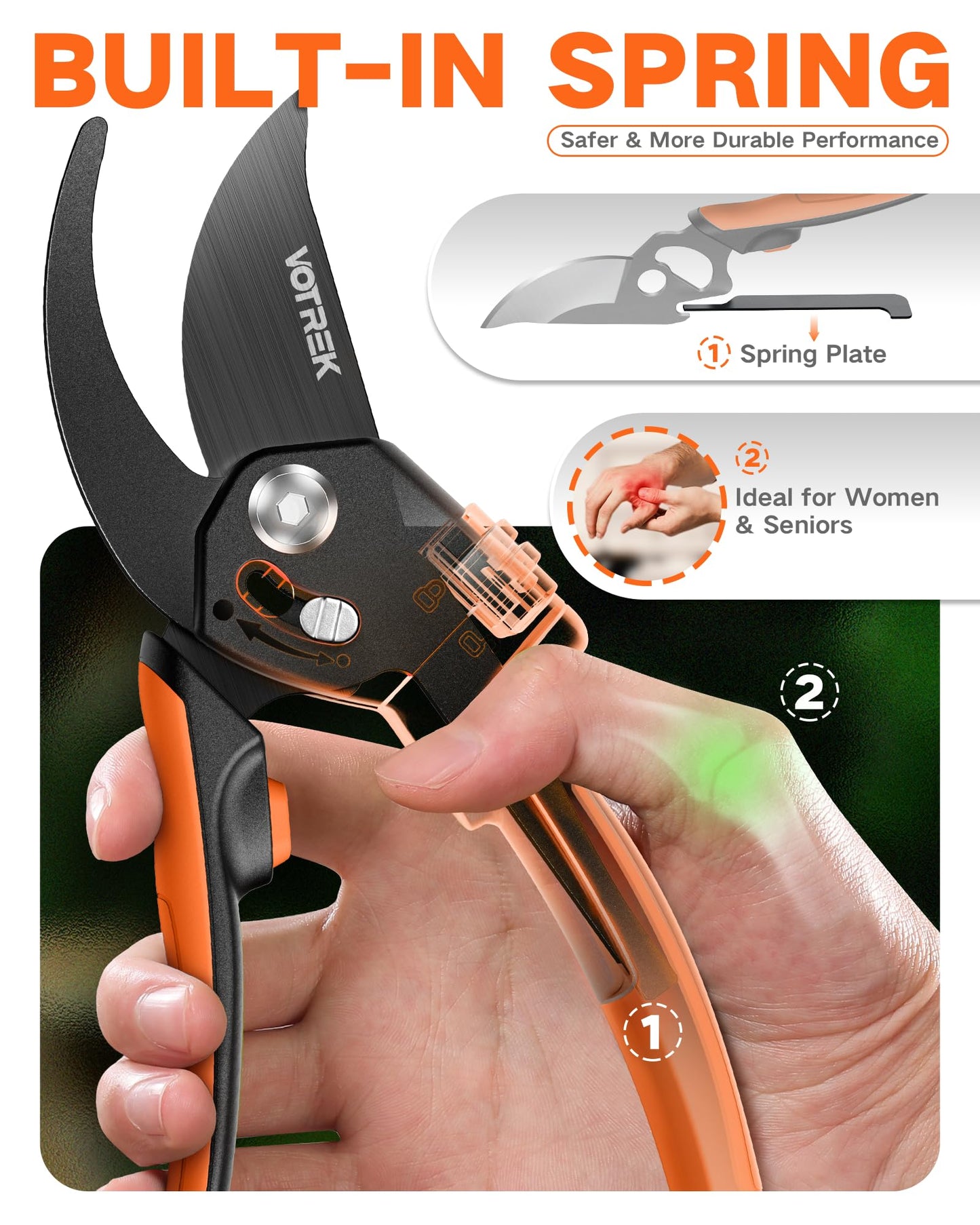 VOTREK 8.5" Pruning Shears for Gardening, 【Unique Stepless Handle Opening】Professional Bypass Garden Clipper, Heavy Duty Plant Pruners for Branch 【SK5 Steel Blades】【All Hand Sizes】,Bright Orange