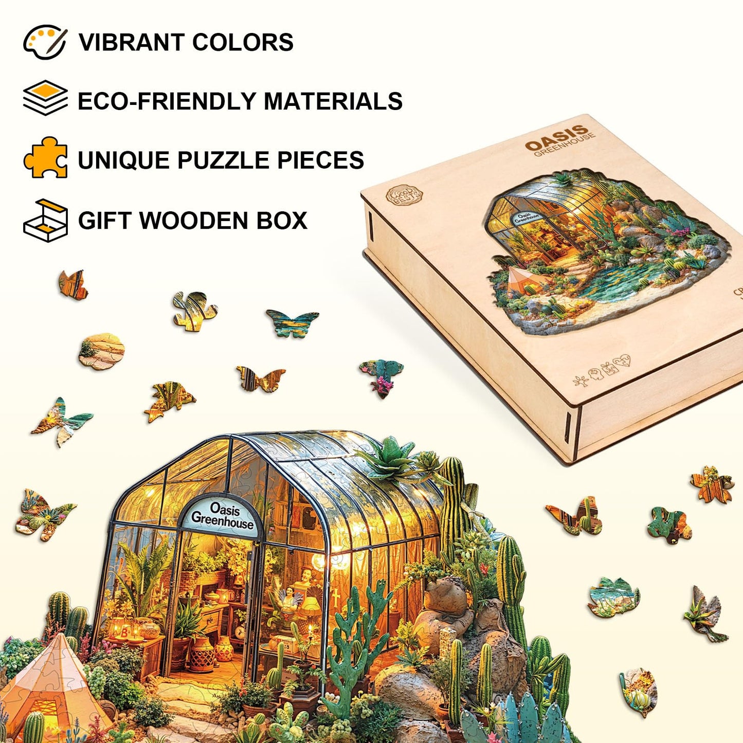 Wooden Puzzles for Adults, Oasis Greenhouse Wooden Jigsaw Puzzle, Wood Puzzles Adult, Unique Shape 3D Visual Flat Puzzle Home Decor Gifts for Puzzle Lovers & Friends (M-11.4 * 10.2 in-175pcs)