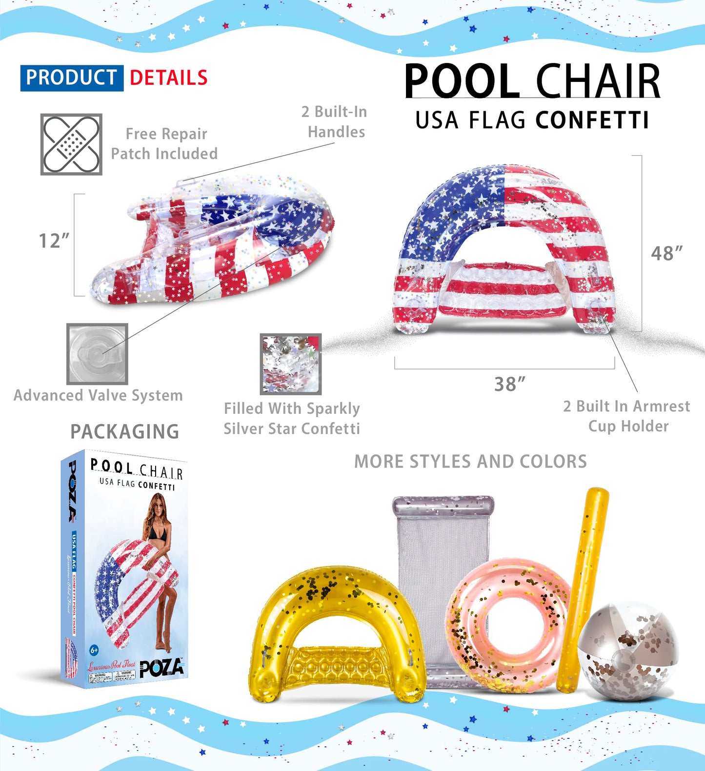 POZA Inflatable USA Flag Pool Float Chair - Luxurious Lounger Filled with Sparkle Silver Confetti, 2 Built in Cup Holders and Handles, Water Floating Chair for Beach, Lake, Swimming Pool - 48x38 Inch