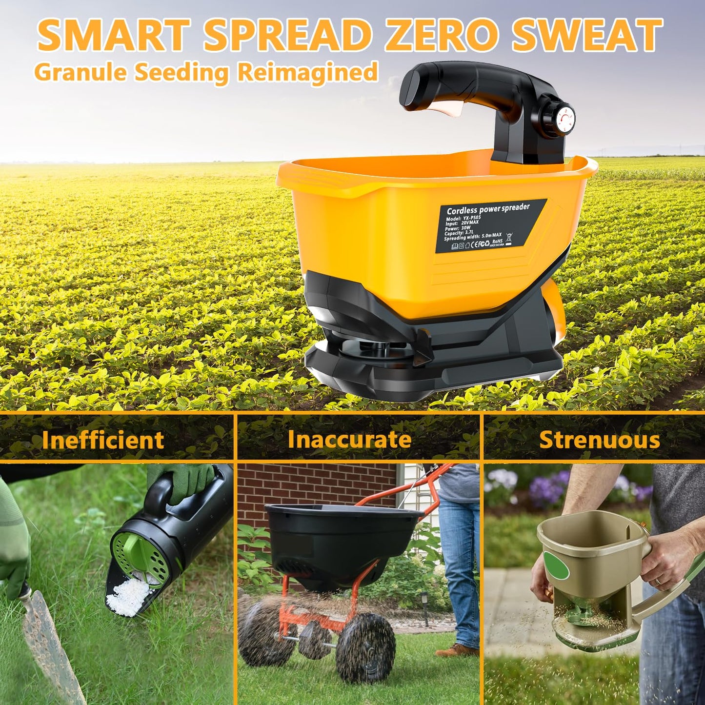 Byutrcfuy Electric Grass Seed Spreader for Dewalt 20V 60V Battery, Handheld Fertilizer Spreader for Lawn, Portable Granule Spreader for Seed, Feed, Weed, and Salt (Tool Only)