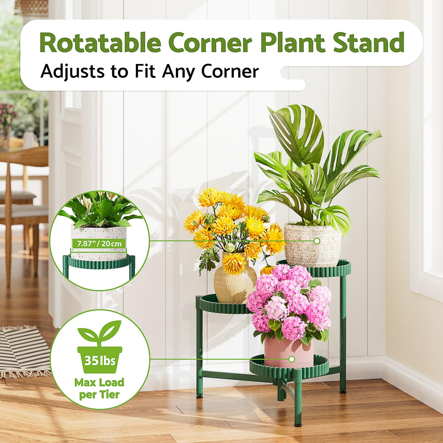 NQW Plant Stand Indoor Outdoor, 3 Tier Corner Metal Flower Display Holder Shelf, Folding Tall Plant Rack for House Patio Balcony Porch Living Room, Heavy Duty Anti-Rust Wrought Iron - GreenFloroma