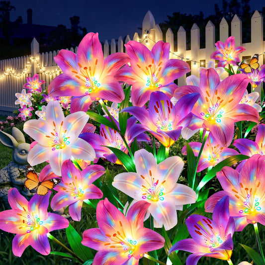 WdtPro Solar Lights Outdoor Garden Decor, 6 Pack Solar Flowers with 30-Head Colorful Lily Lights & Glowing Stems, Brighter Waterproof Decorative Garden Lights for Yard, Patio, Flower Bed, Unique Gifts