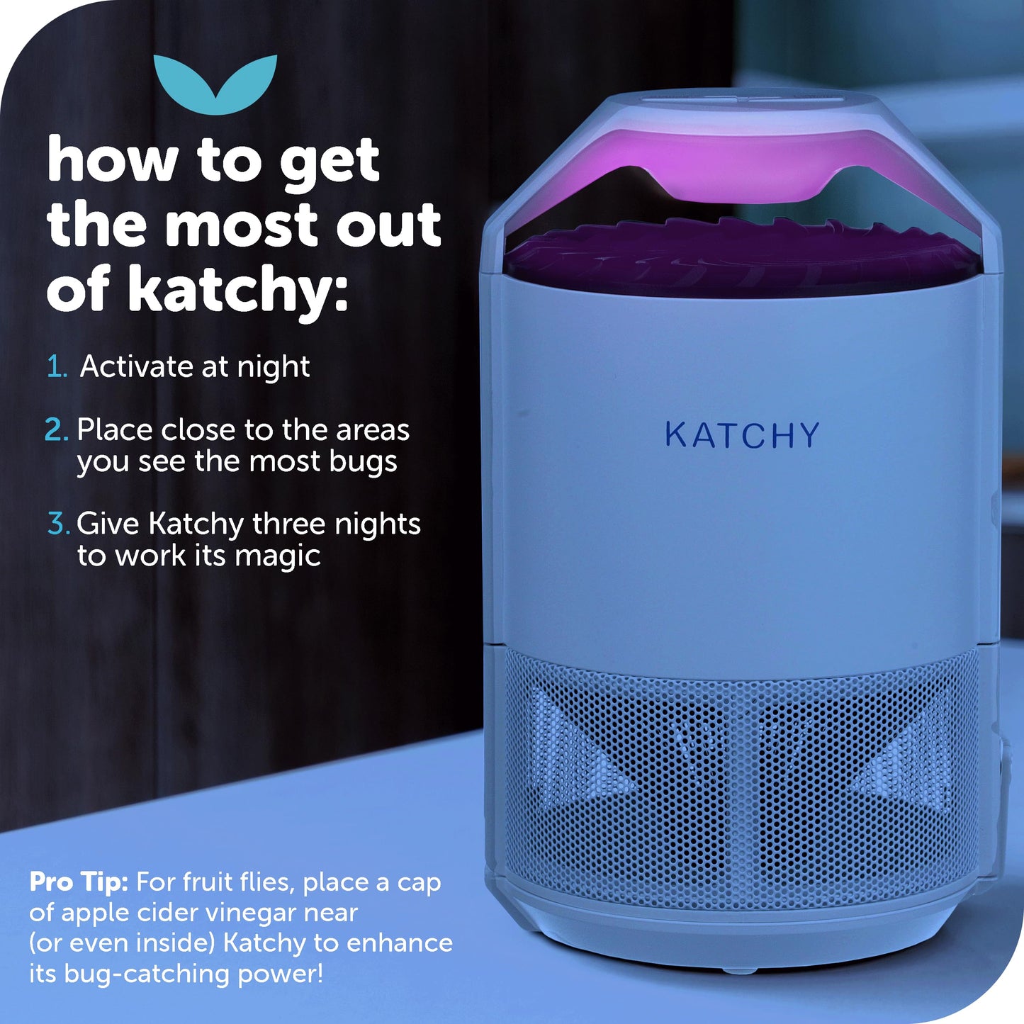 Katchy Indoor Fly Trap– Catcher & Killer for Mosquito, Fruit Fly, Gnat & Small Moth – Non-Zapper Trap with Fan Suction & Blue UV Light – Ideal for Indoor Spaces, Kitchen & Plants (Original, White)