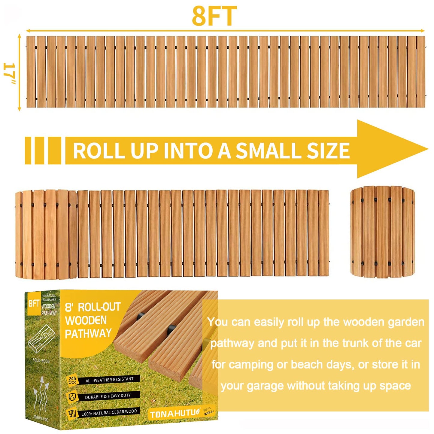 TONAHUTU 8FT Wooden Garden Pathway, Roll Out Wooden Pathway Weather-Resistant Walkway for Outdoor Patios 17" W Roll Out Hardwood Walkway with Non-Slip Surface Wedding Party Pathways (Straight)
