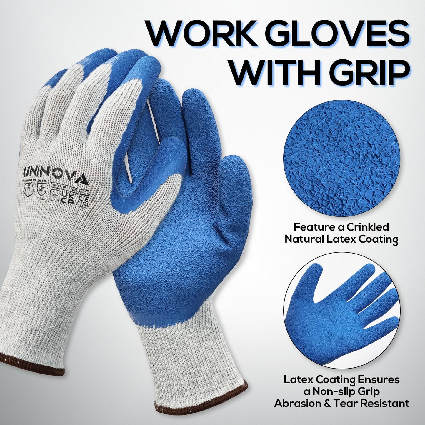 UNINOVA Work Gloves, Crinkle Rubber Latex Palm Coating, Safety Work Gloves with Grip, Non-slip Bulk for Men Women, Construction Warehouse General Handling(Small,12Pairs)
