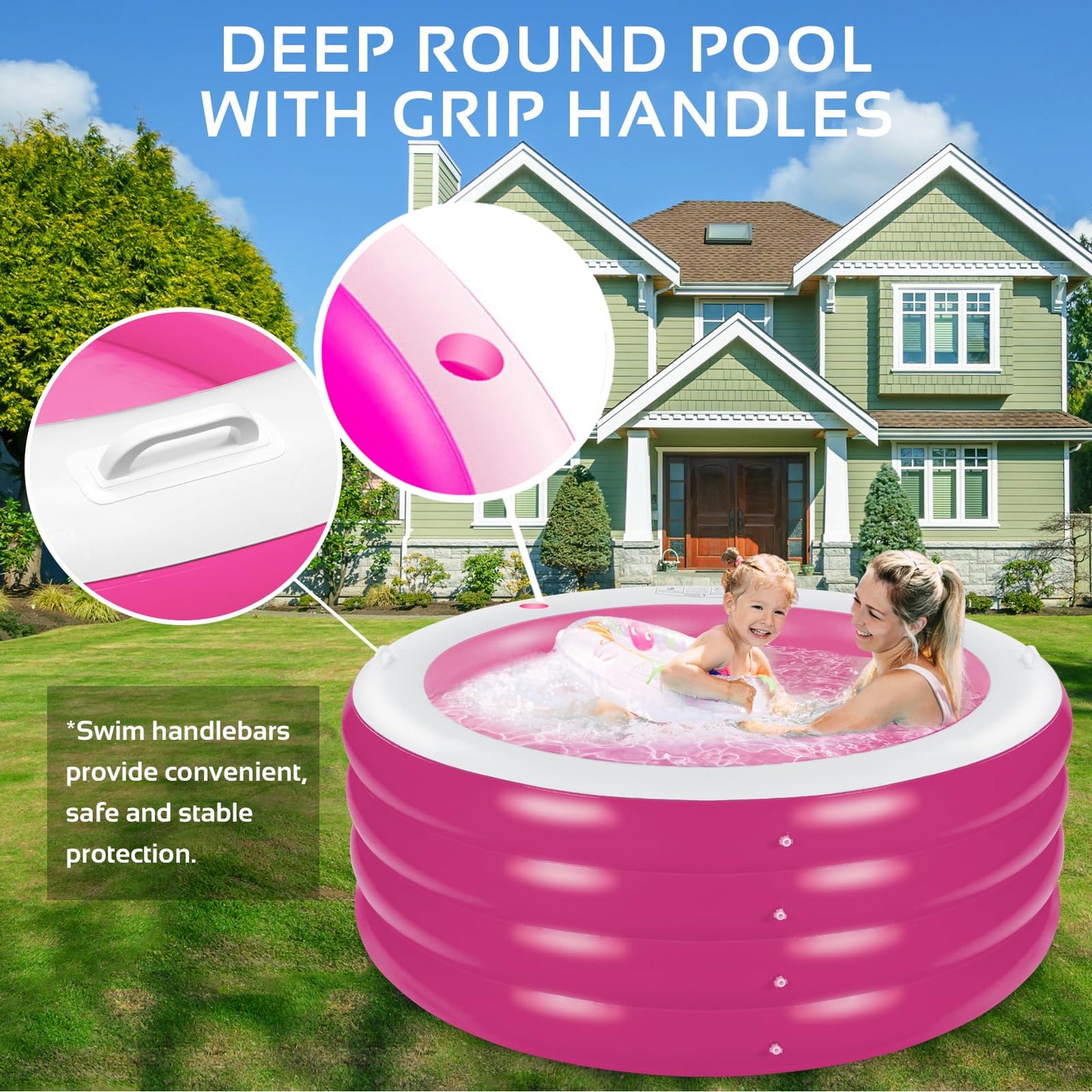Inflatable Pool with Seating,Four-Tier 72” x 27”Inflatable Swimming Pool with Drink Holder Handles, Summer Family Water Park,Backyard Family Pool, Garden (Pink)