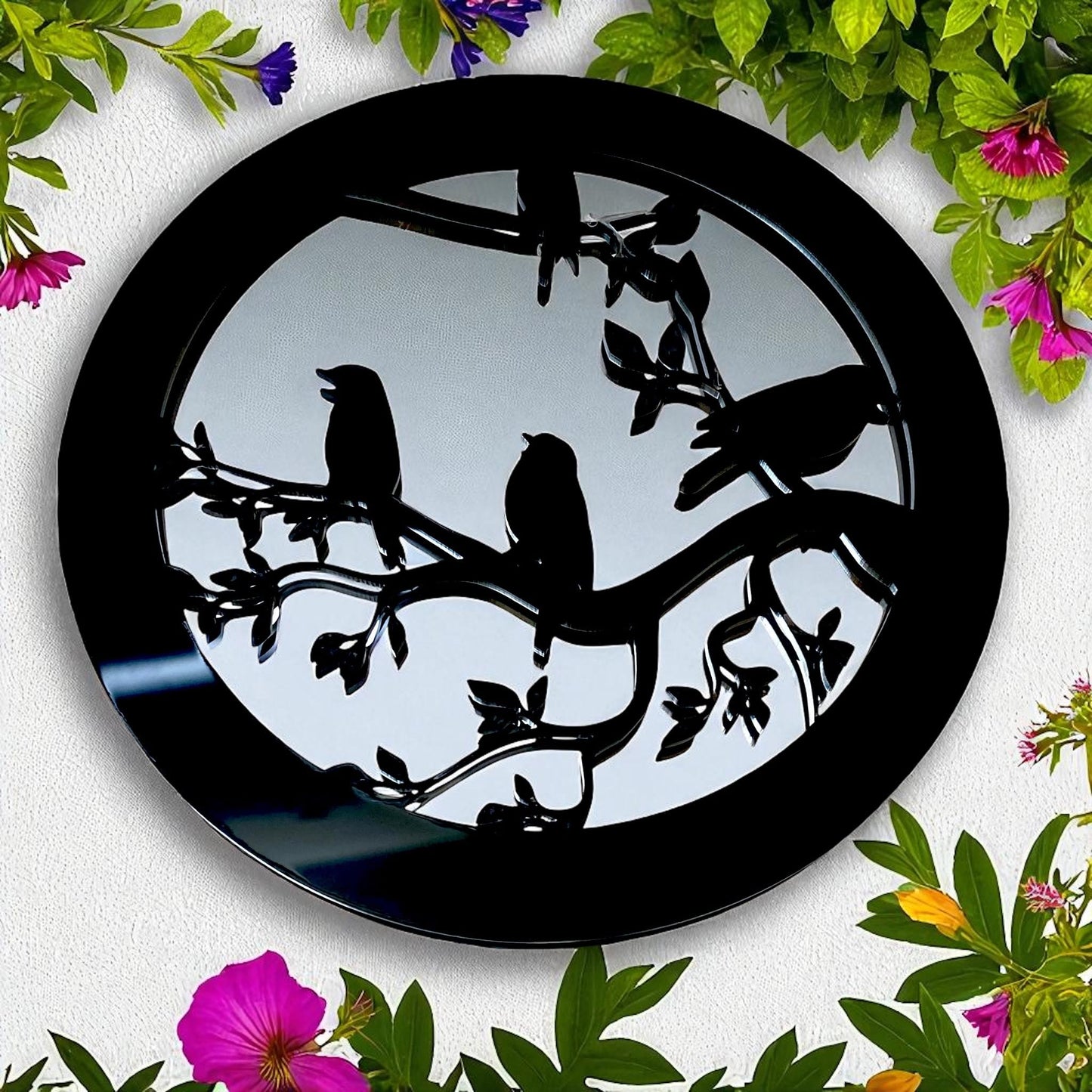 Super Cool Creations Round Mirror Bird Wall Art, Black Decorative Garden Panel with Tree Branch Design, Garden Decor, 38cm