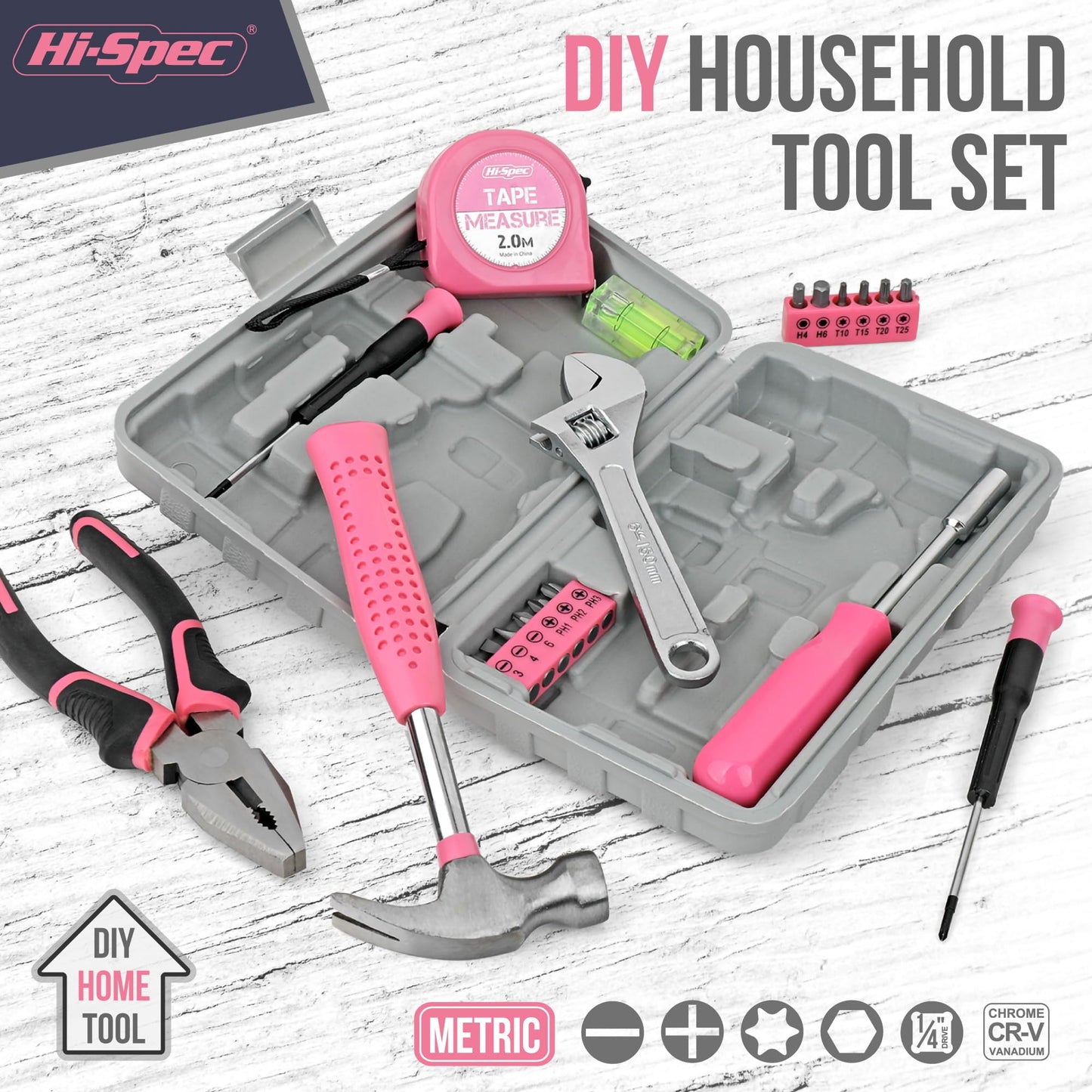 Hi-Spec Pink Tool Set 20-Piece. Ladies’ Starter Basic Hand Tools in a Compact Toolbox Case for Household and Office Repairs and Maintenance.