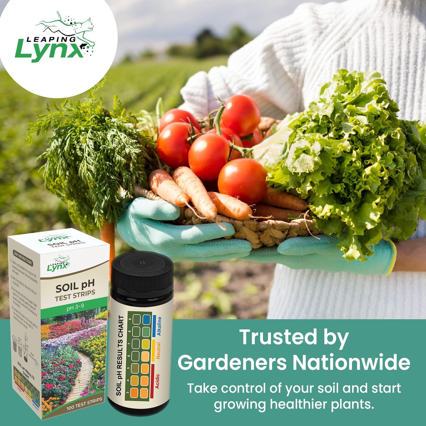 Soil pH Test Kit (3-9 Range) – 100 Test Strips for Garden, Lawn, Vegetable & Flower Beds | Quick & Easy Soil pH Monitoring for Indoor & Outdoor Plants | Leaping Lynx