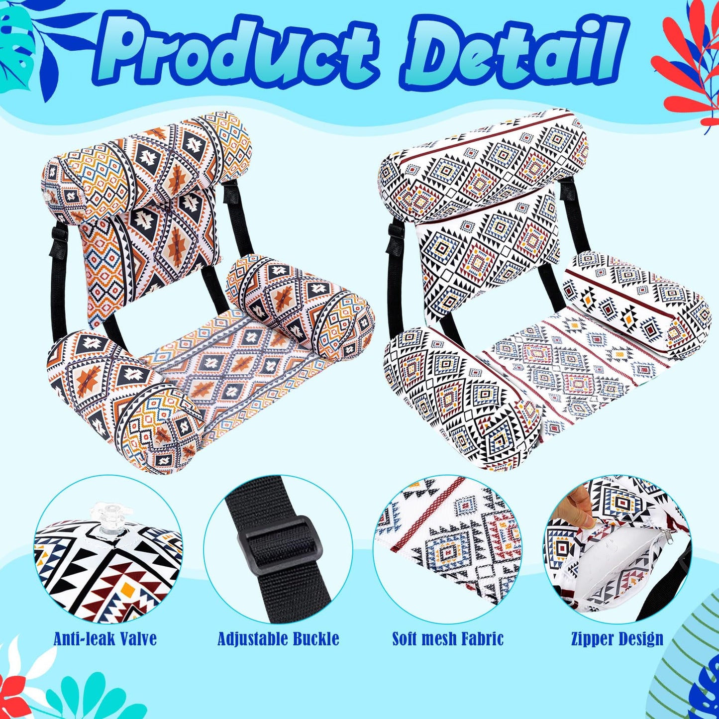 Threehoney 2 Pack Large Pool Chair Floats Adult Inflatable Pool Lounge Chair Summer Pattern Water Floating Chair Adjustable Pool Float Hammock for Swimming Pool Beach Party Game(Native Pattern)