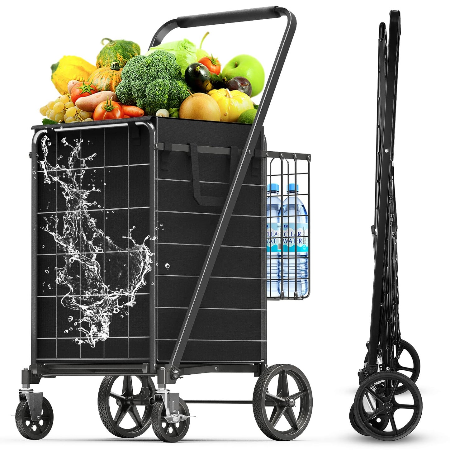 XING LANG 4.5 Cu Ft Folding Shopping Cart - 420 LB Capacity Grocery Cart with 360° Braked Swivel Wheels - Heavy Duty Utility Cart with Double Basket & Removable Waterproof Liner with Lid for Laundry
