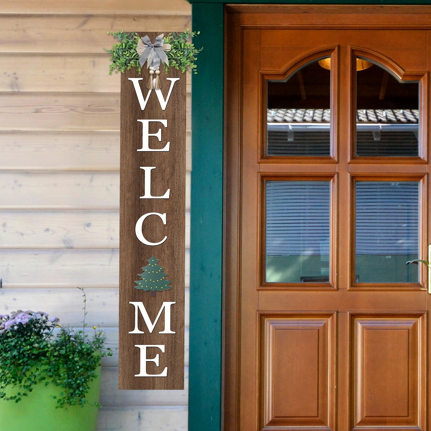SRSZHIYUE Interchangeable Welcome Sign for Front Door Standing 47"X8" with 12 Pcs Designed Icons Outdoor Front Porch Tall Garden Patio Signs Large Vertical Leaner Vertical Wood Frame Outside Decor (Wood)