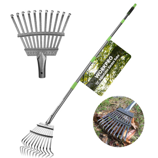 WORKPRO Rake, Small Rake for Leaves with 72” Adjustable Long Handle, 11 Steel Tines, Heavy Duty Metal Leaf Rakes for Garden, Lawn, Yard, Shrub, Flower Bed, Narrow Rakes 9" Wide Head for Tight Spaces