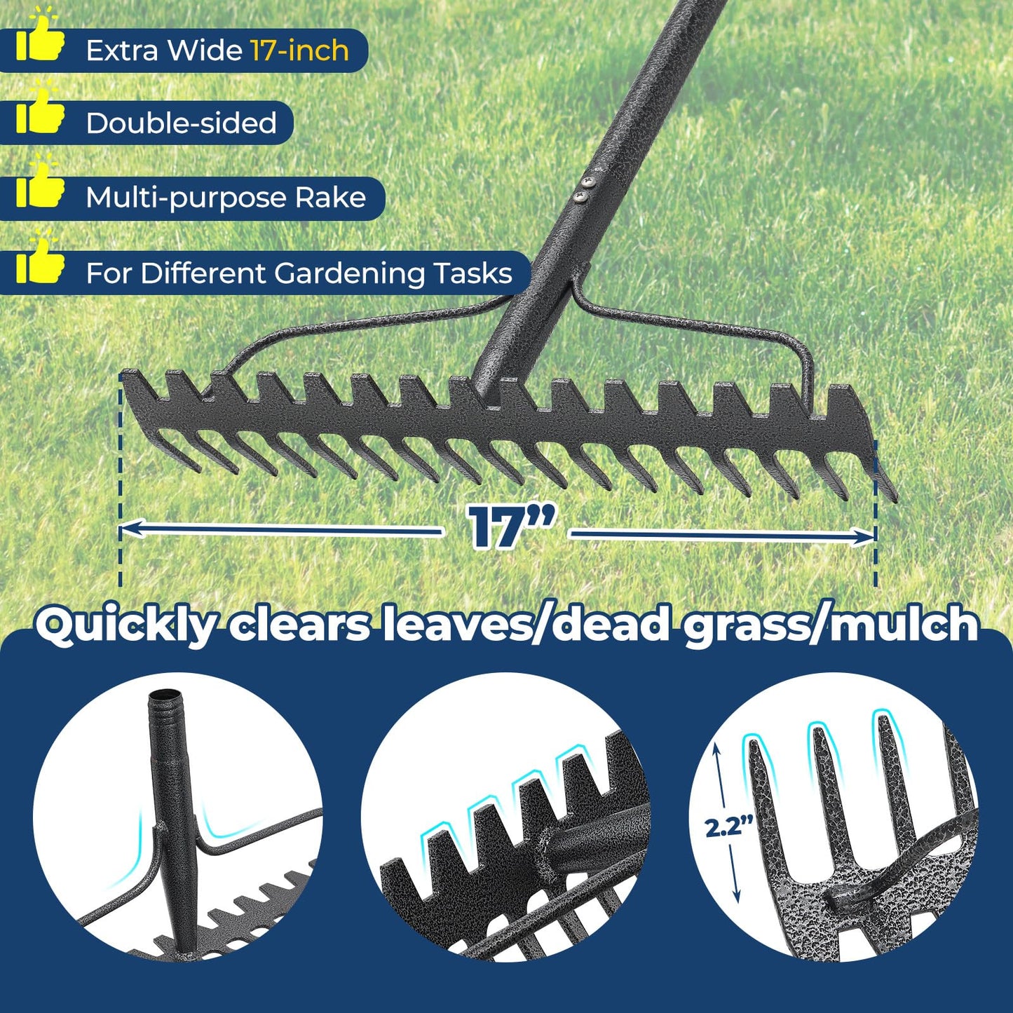 49" Rake - 17" Extra Wide Garden Tool with Double-Sided Head, Heavy Duty Lightweight Stainless Steel Construction for Mulching & Debris Removal, Leveling Lawn, Loosening Soil, Leaf Cleanup, Soil Prep