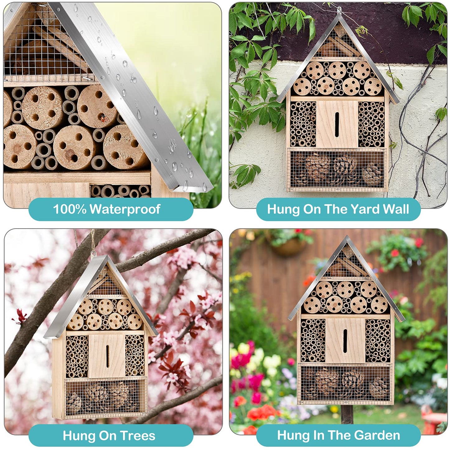 Elipark Wooden Mason Insect Bee Butterfly House,Insect Hotel,an Outdoor Hanging Bamboo Habitat for Bee Butterfly Ladybugs Live,Bee Box,Butterfly Habitat for Garden,9 x 15.7 x 2.5 Inch