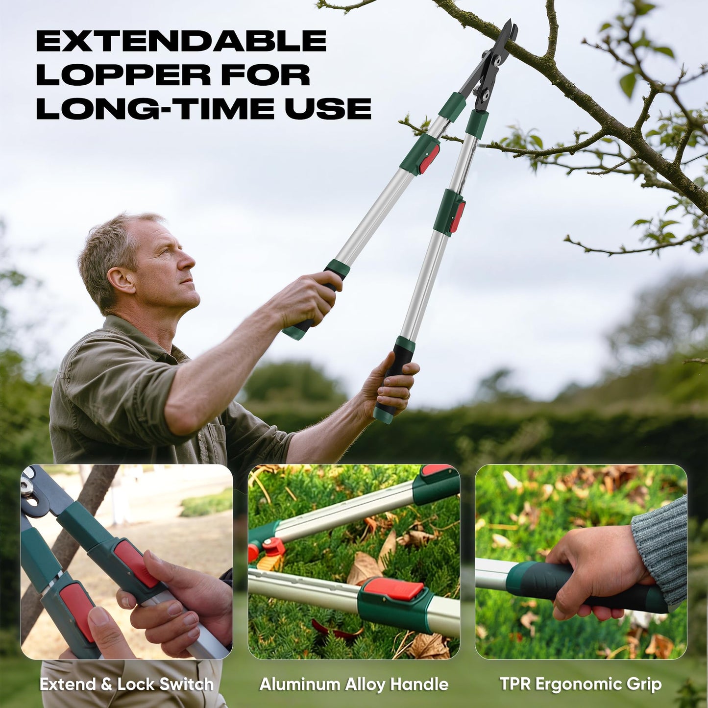 GARTOL 2-Inch Cutting Capacity Bypass Loppers, 26-33" Extendable Tree Branch Cutter, Professional Gear-Driven Labor-Saving Heavy Duty Pruners, Carbon Steel Teflon Blade & Lightweight Aluminum Handles