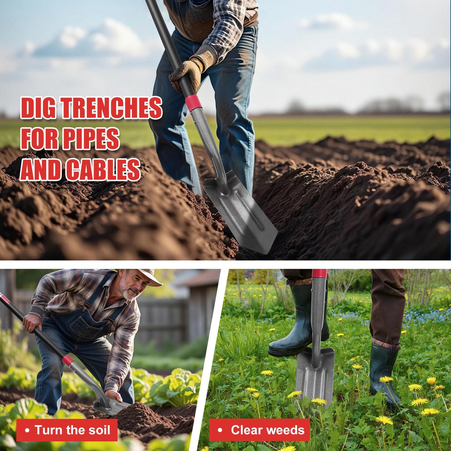 HANTOP 4-Inch Trench Shovel Trenching Spade Irrigation Shovel Narrow Spade Trench Digger Tool,57 inches