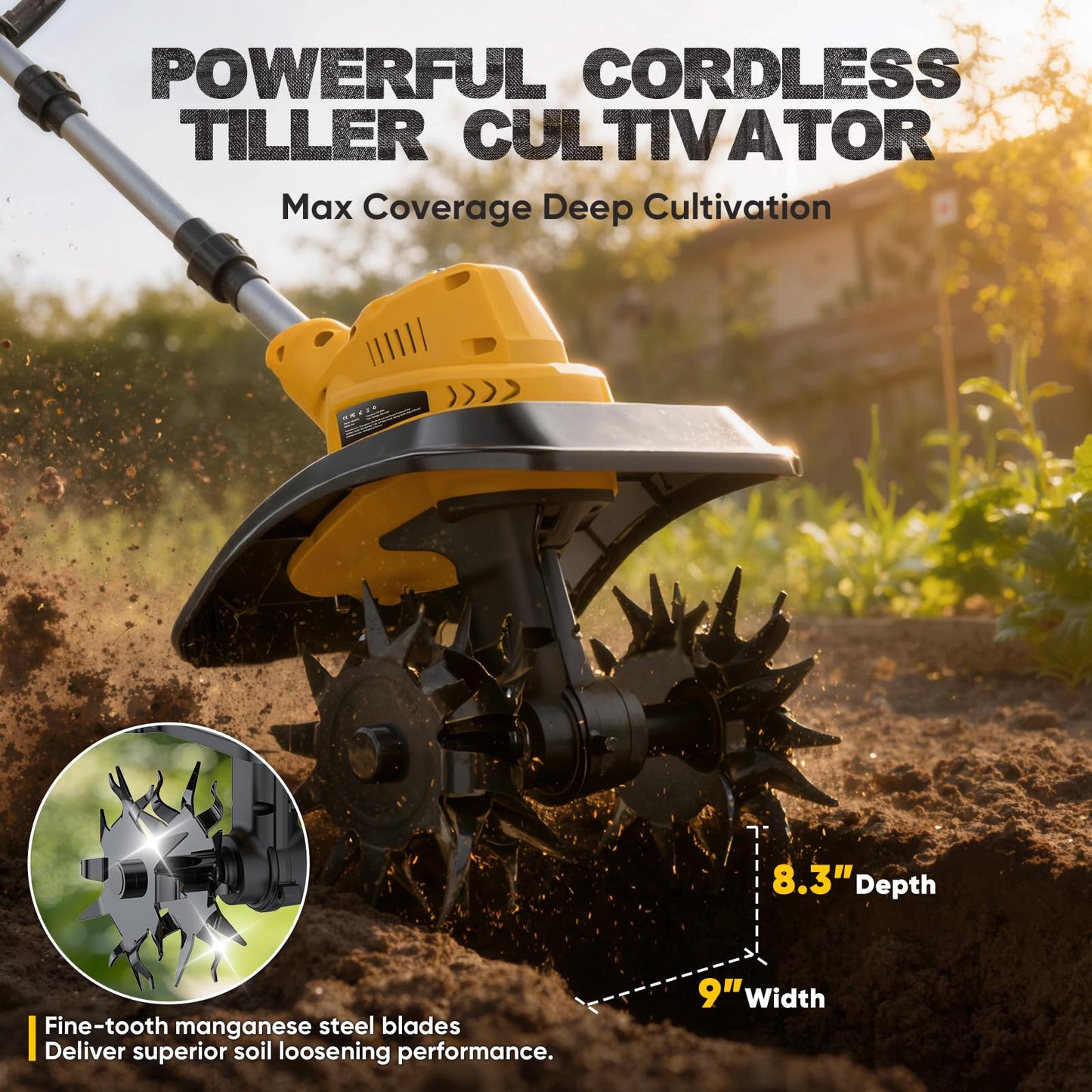 Cordless Tiller Cultivator, 400RPM Electric Rototiller with 2×4.0Ah Battery & Charger, 9" Width 8.3" Depth, Adjustable Foldable Garden Tiller with LED Power Display for Gardening/Soil Cultivation