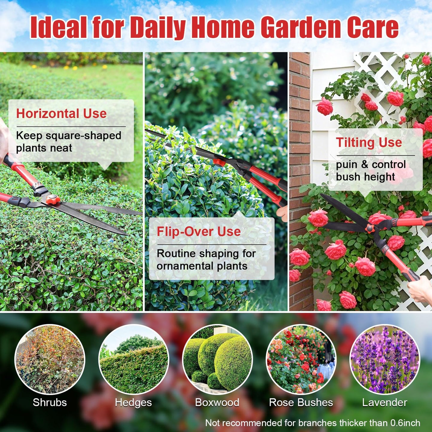 Hedge Clippers Shears Sharp Clean Cuts - Teflon Coated High Carbon Steel Blades,Ergonomic Comfortable Handle,Lightweight 24.8in Hedges Shears for Gardening Yard Effortless Trimming Shaping Shrubs Bush