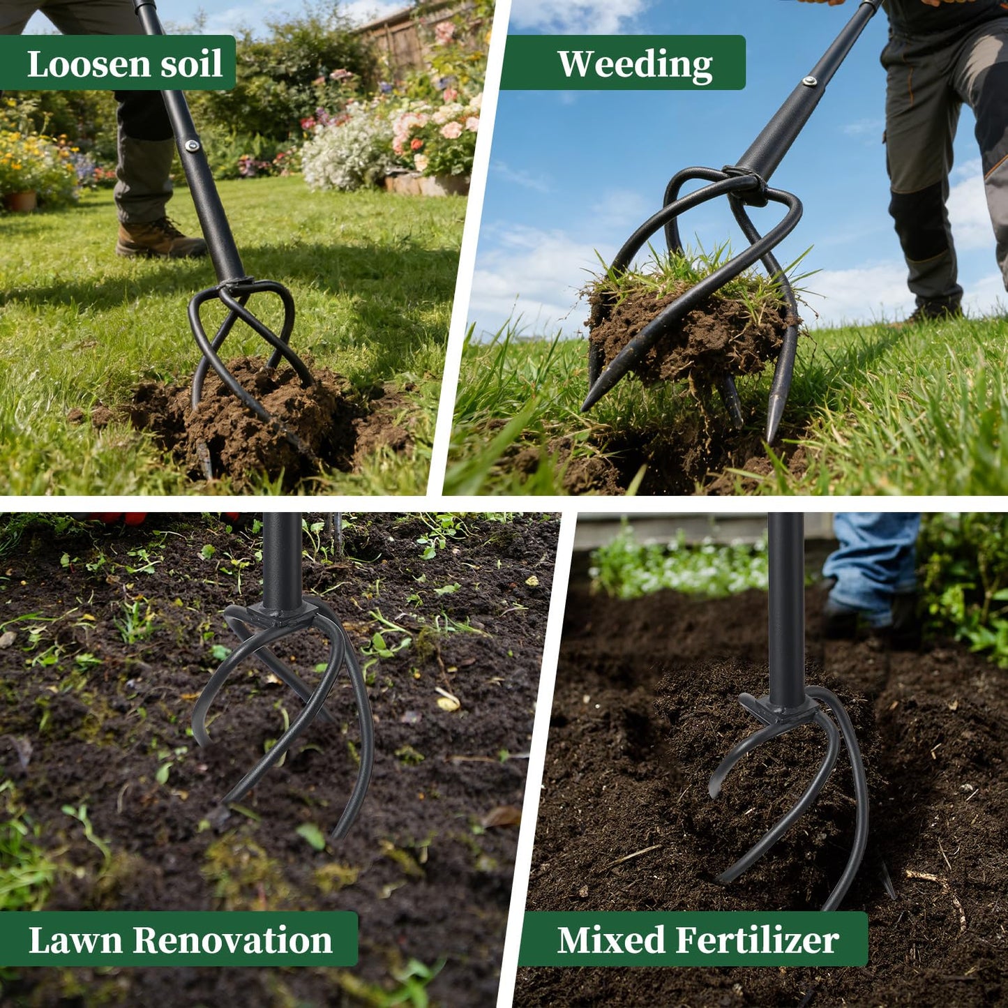 BeBecome Hand Tiller for Gardening, Manual Garden Claw Cultivator with 4 Sharp Curved Steel Tines, Twist Tiller Soil Loosener, Rotary Handheld Tiller for Yard Lawn Weeding