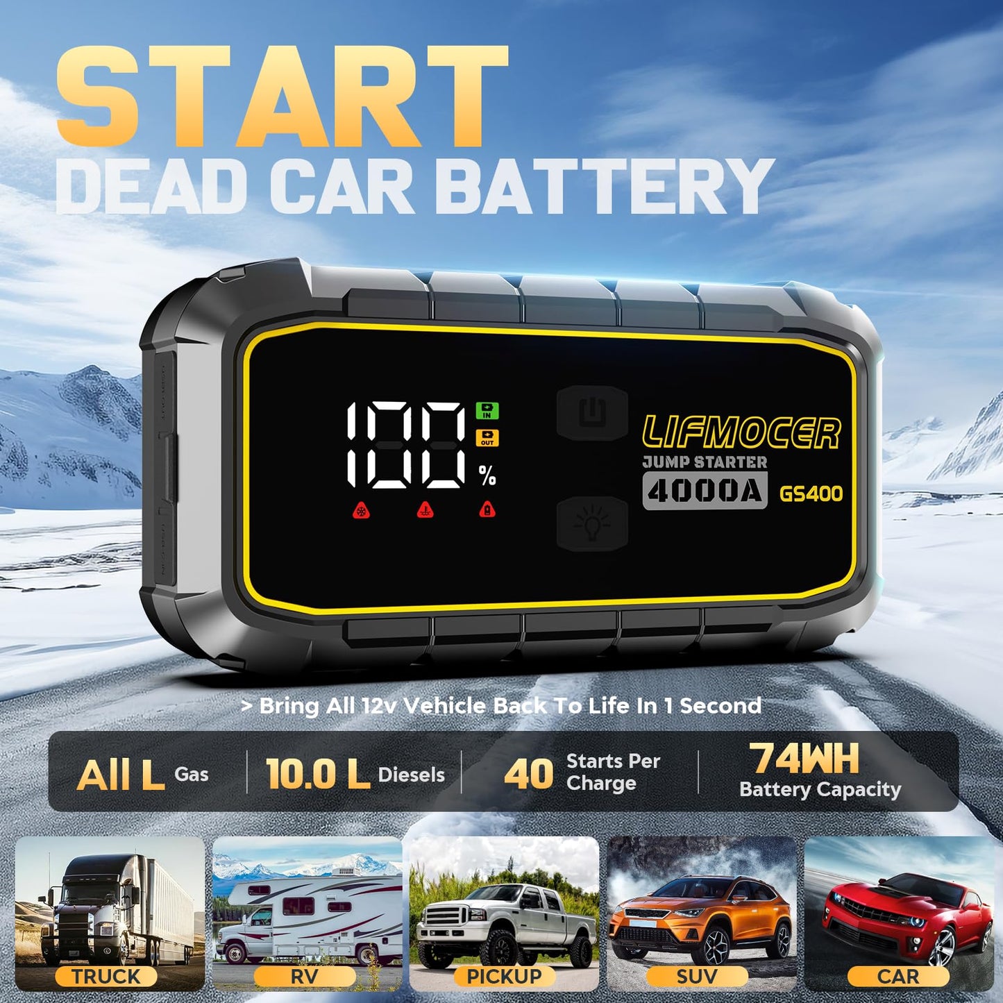 LIFMOCER GS400 Jump Starter - 4000A Car Battery Jump Starter for Up to 12.0L Gas and 10.0L Diesel Engines, 12V Portable Jump Box with Storage Case USB Quick Charge, and LCD Display