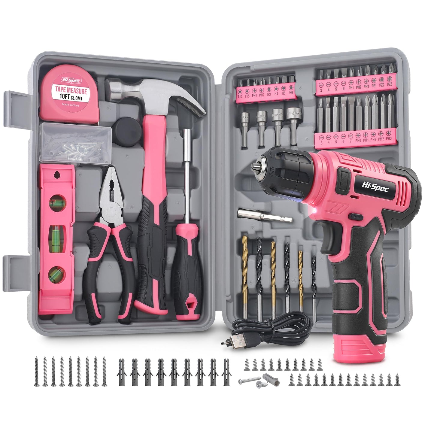 Hi-Spec 8V Cordless Drill Set & Tool Kit for Women – Ladies Complete Rechargeable Electric Power Drill Driver with Starter Tools, Compact Hand Toolbox, Pink, Ideal for Home Projects