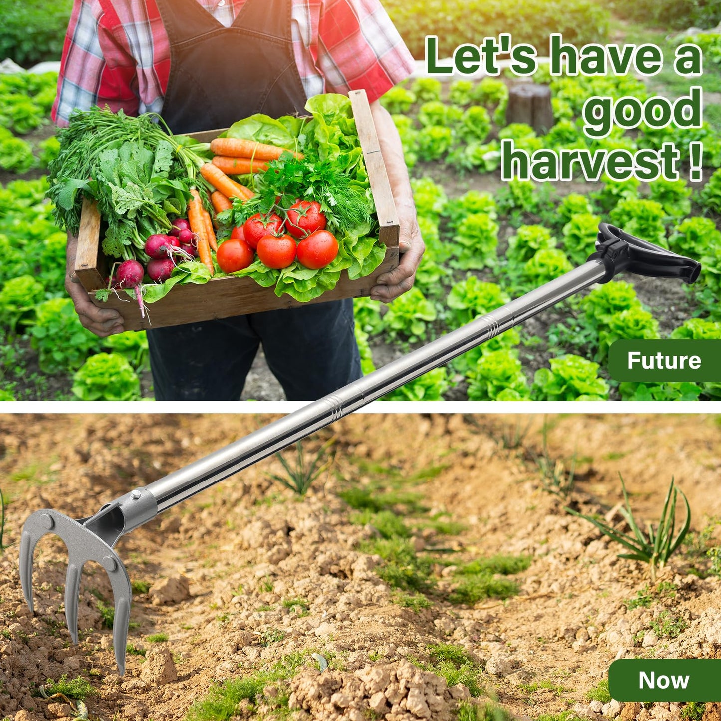 Hand Rake Garden Tool - 57" Long Handle Soil Tiller Cultivator Weeding Rake, 3-Tine Heavy Duty Carbon Steel with D-Grip for Effortless Weeds Digging, Soil Loosening, Planting