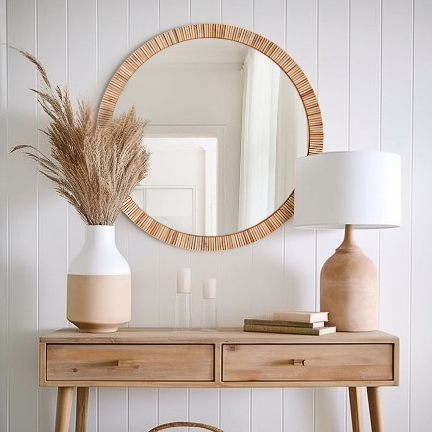 Barnyard Designs Round Rattan Wall Mirror, Natural Tan Woven Rattan Frame, Indoor Decorative Mirror for Bedroom Living Room Entryway (25.5", Round)