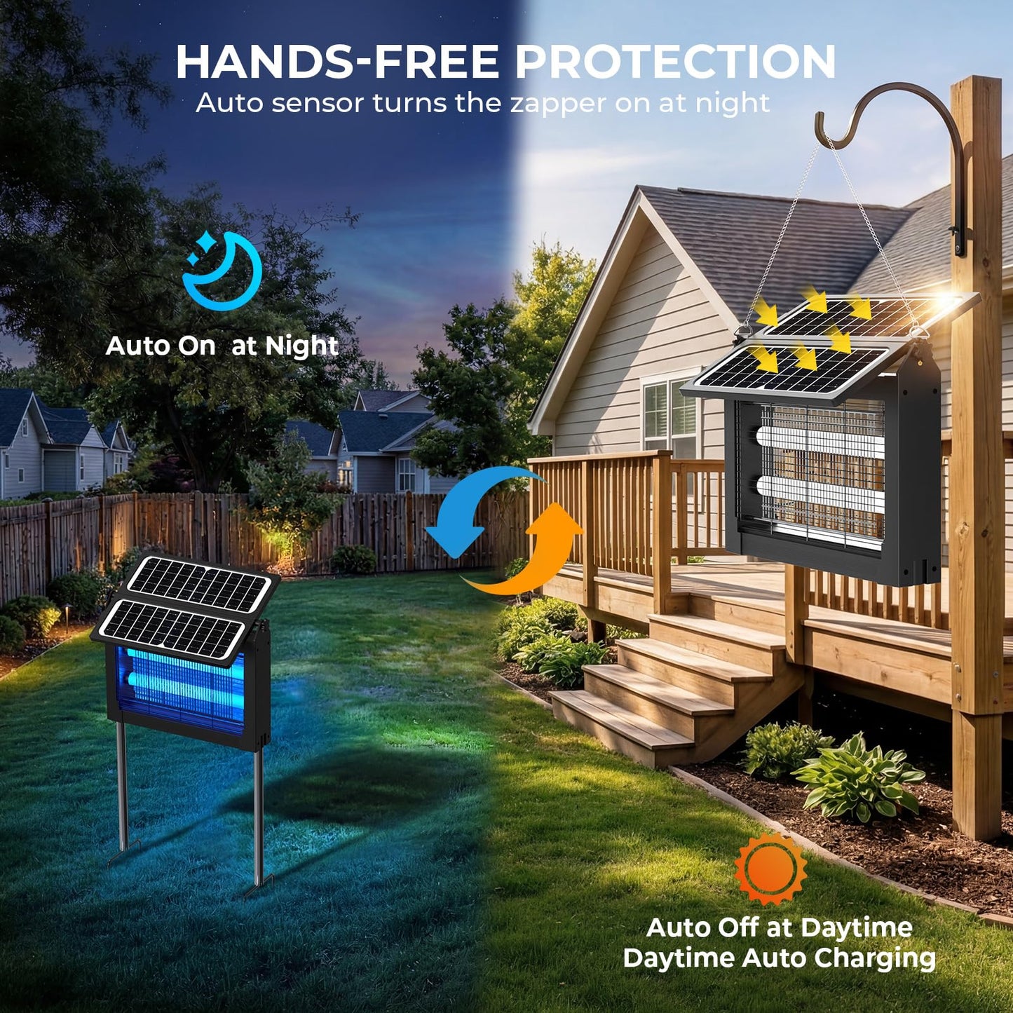 Upgraded Solar Bug Zapper Outdoor with Dual Panels, 4500V Cordless Rechargeable Fly Insect Killer Waterproof Electric Mosquitoes Zapper for Patio Garden Backyard RV Camping Pond