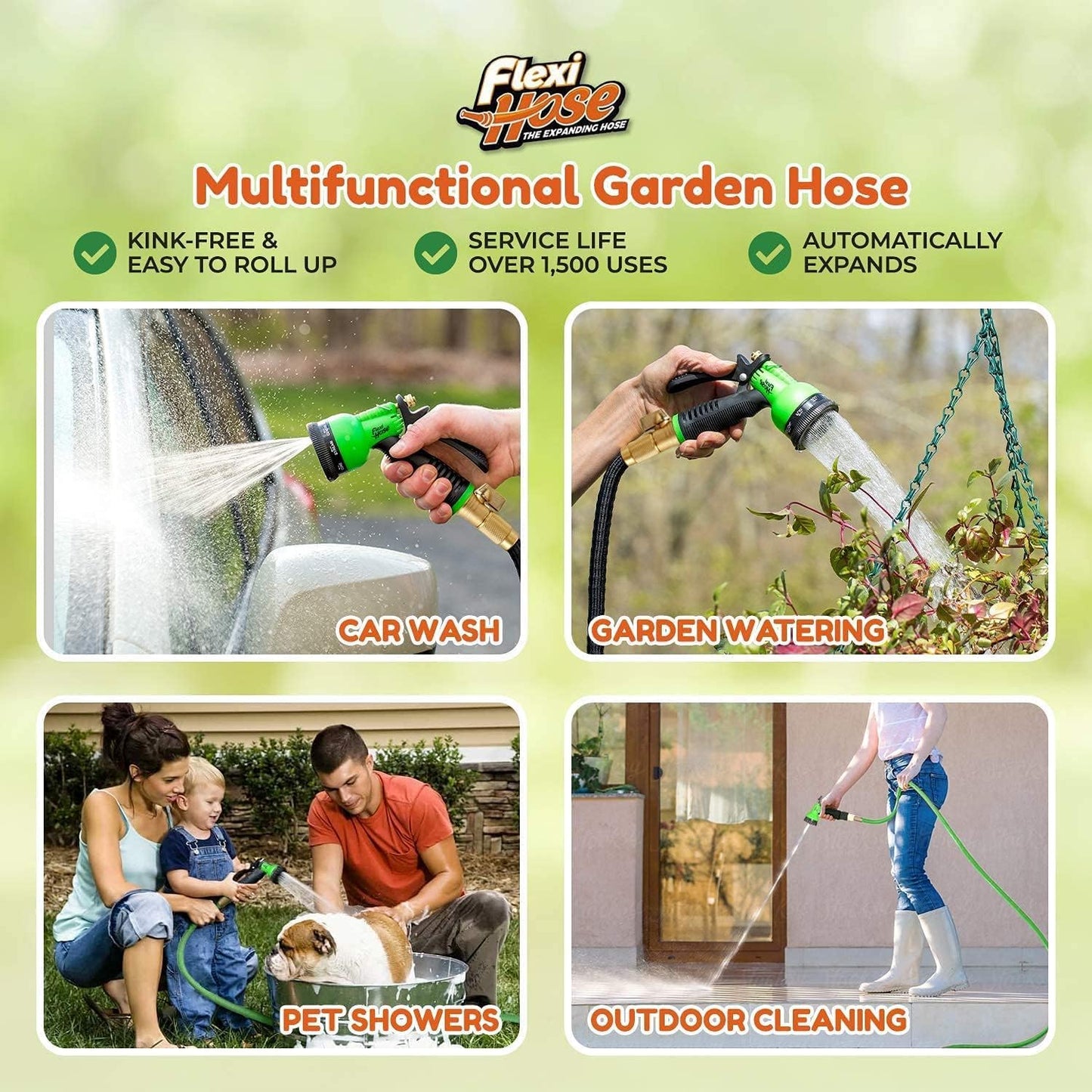 Flexi Hose Lightweight Expandable Garden Hose, 100FT -Retractable Garden Hose, Water Hose - No-Kink Flexibility, 3/4 Inch Solid Brass Fittings and Double Latex Core