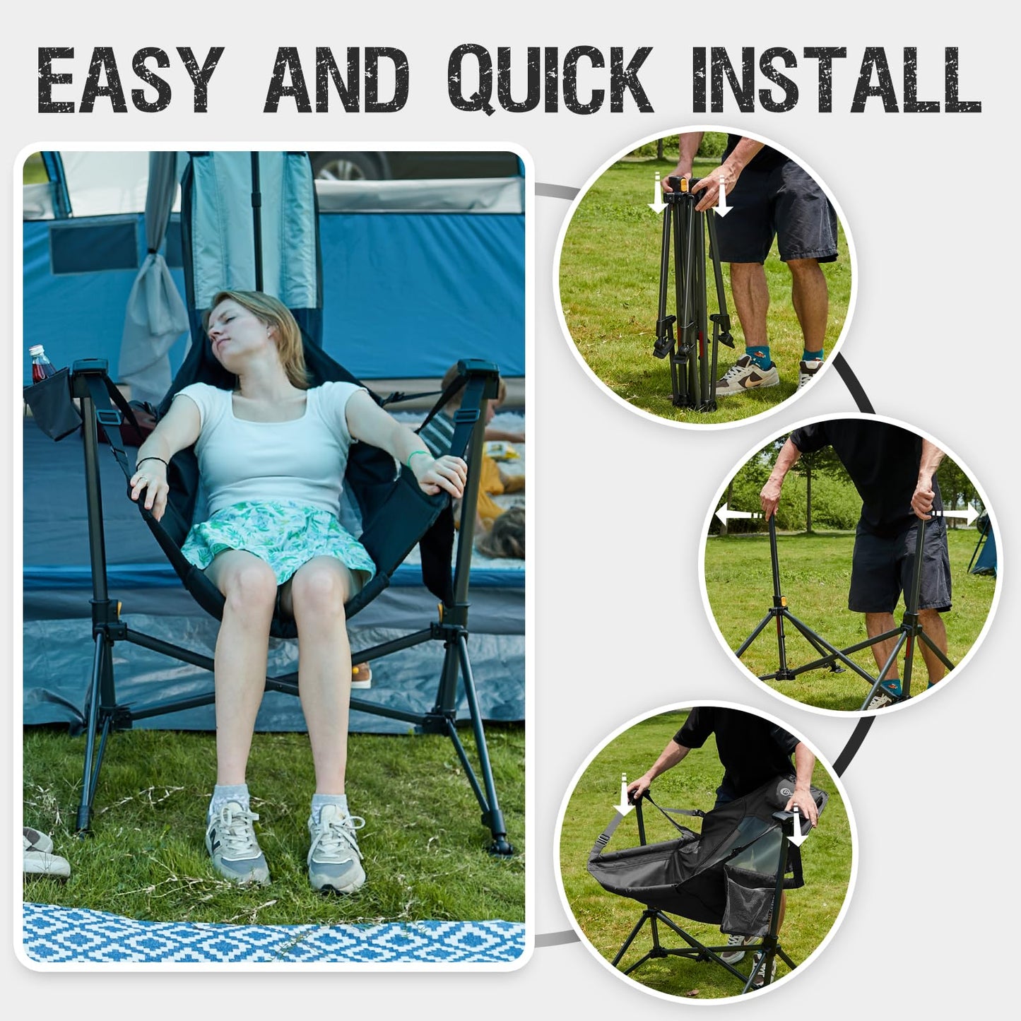 Portal Hammock Camping Chair, Portable Outdoor Swinging Chairs with Adjustable Back and Height for Lawn, Backyard, Patio, Supports 400 lbs, Breathable Mesh High Back, Black