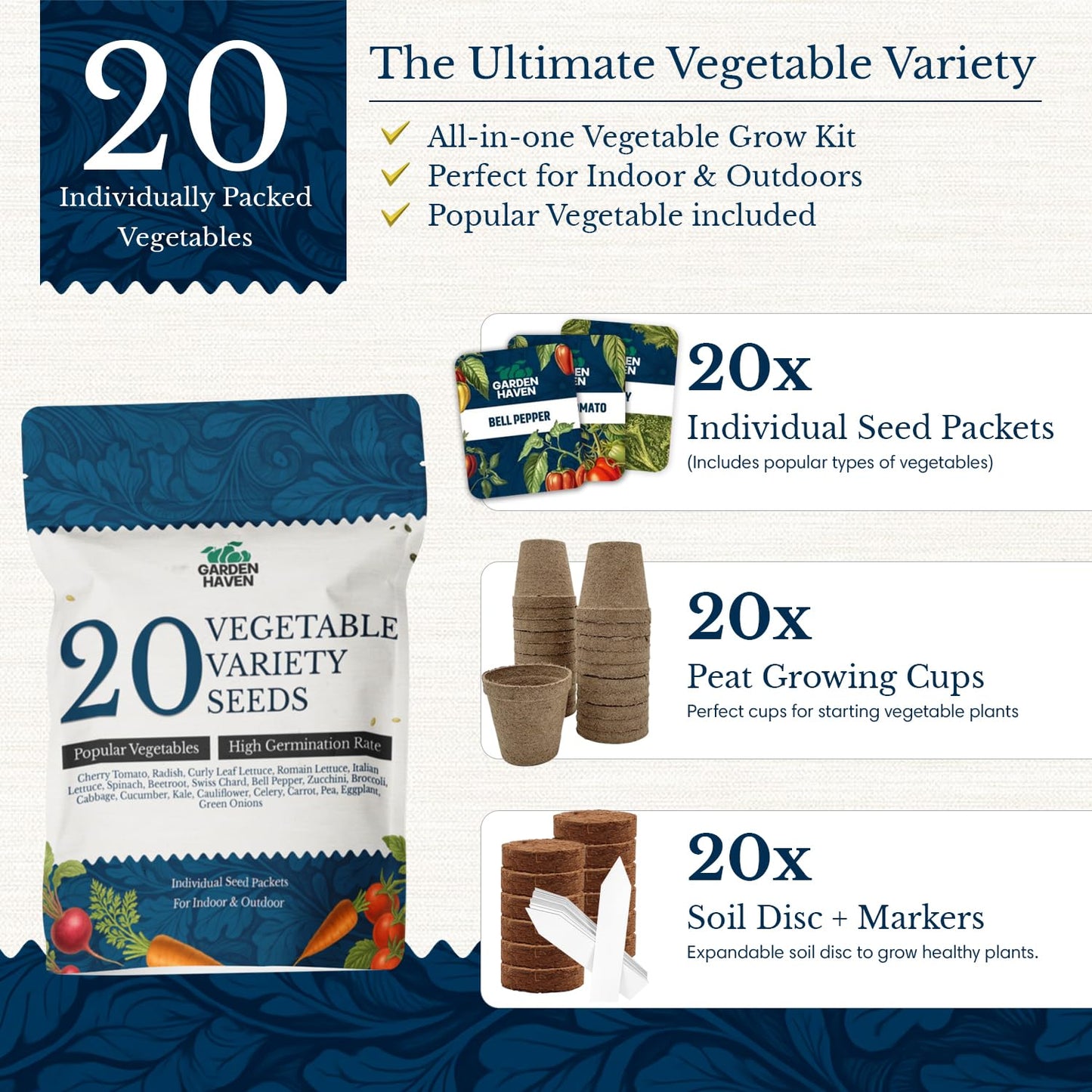20 Vegetable Seeds Variety Pack - Complete Grow Kit Heirloom Vegetables Indoor Outdoors Vegetable Seeds, Tomatos, Broccoli, Carrots, Lettuce & More - DIY Starter Kit (Complete Starter Kit (w/Seeds))