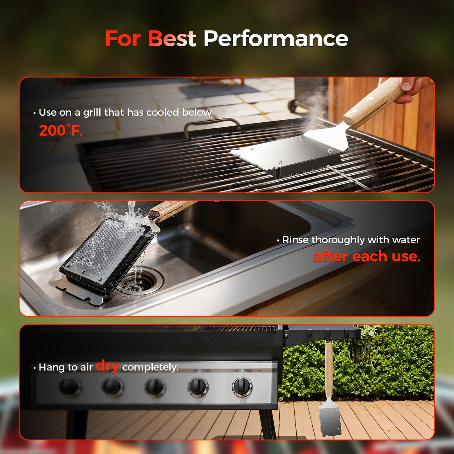 EG evgoer BBQ Grill Brush with U-Shaped Fixed Design, 45° Angled Steel Filaments for Deep Cleaning, Wooden Handle Grate Cleaner with Hanging Hook for Gas, Charcoal & Smoker (16 Inch)